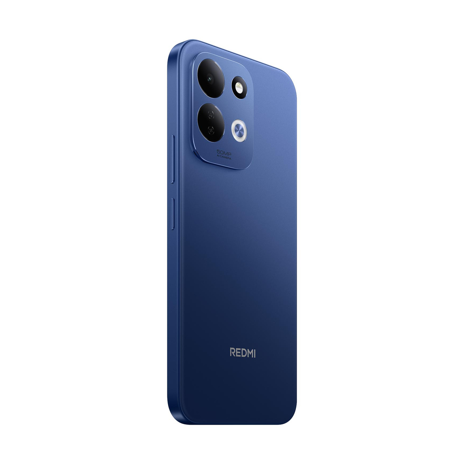 Uno smartphone blu con fotocamera da 50MP e logo Redmi su sfondo bianco.