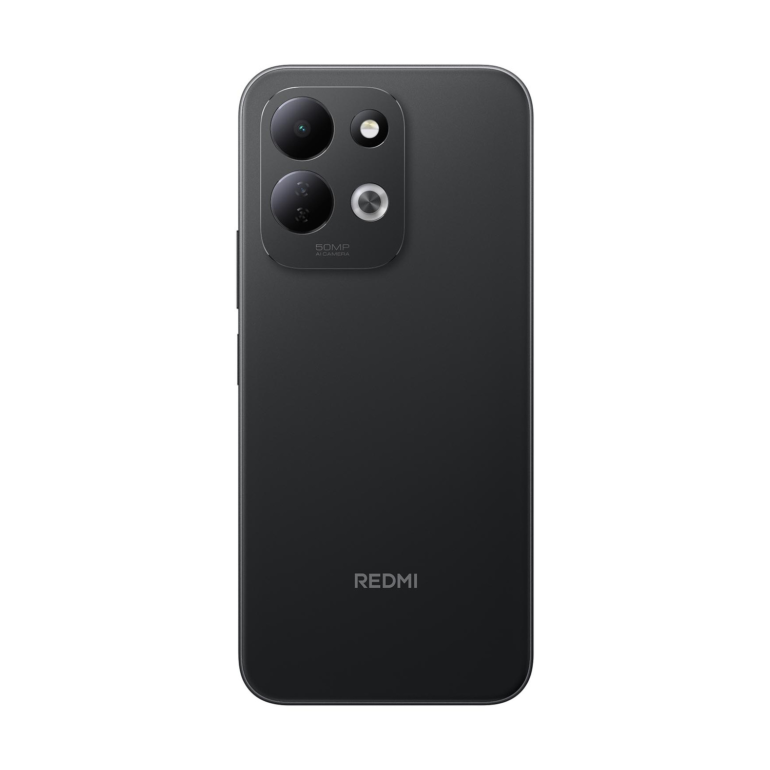 Retro di uno smartphone nero con tre fotocamere e il logo Redmi.