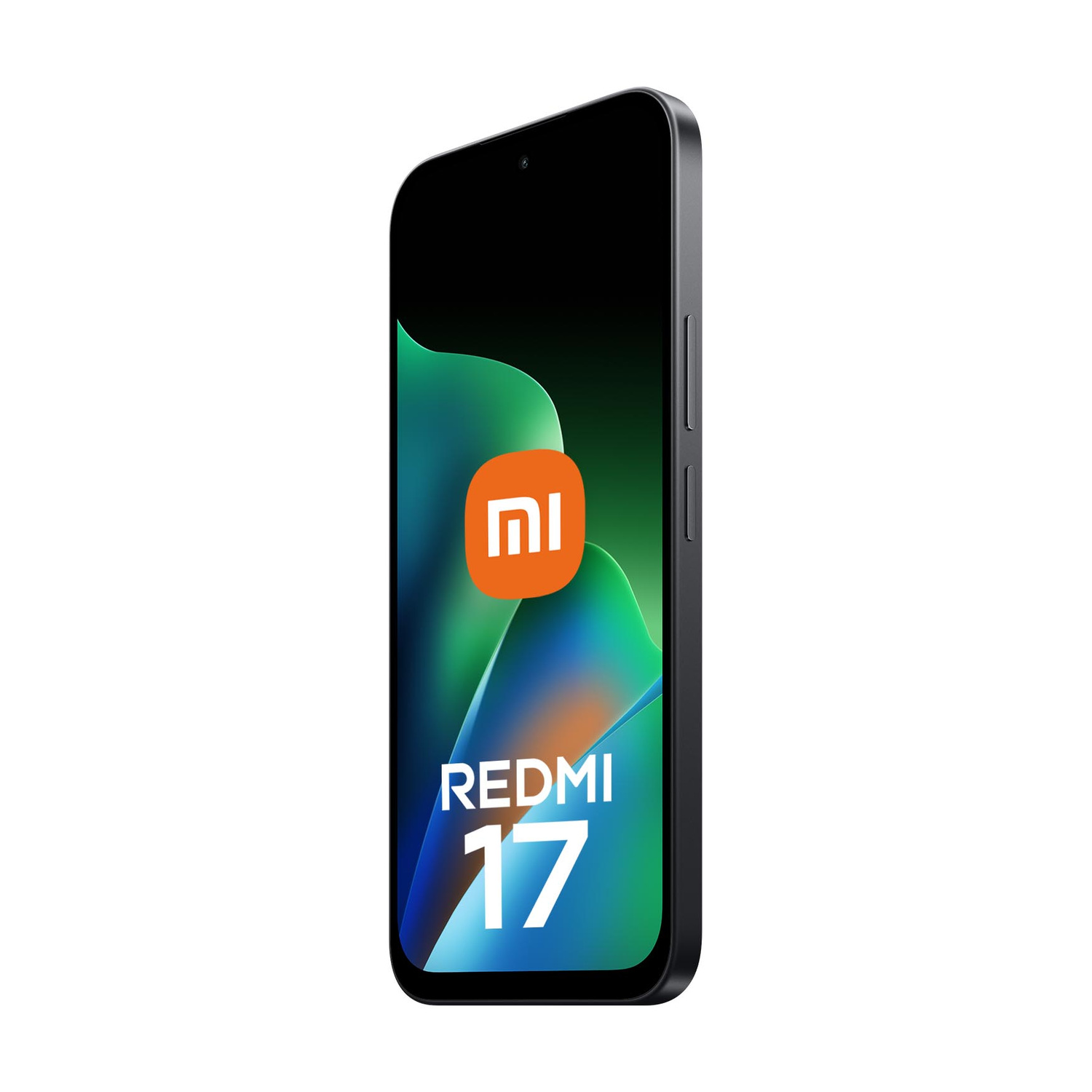 Uno smartphone nero Xiaomi Redmi 17 con logo Mi arancione sullo schermo.