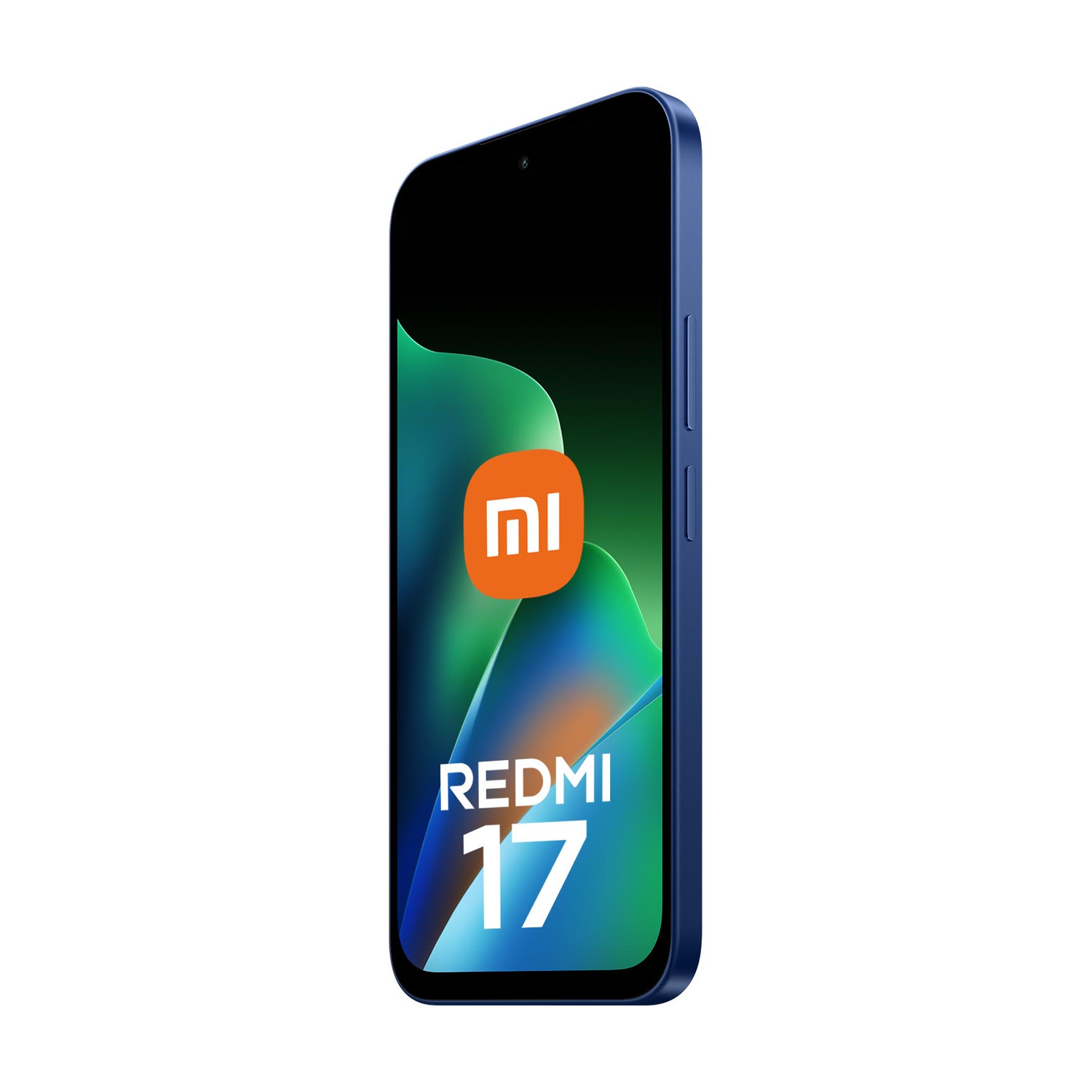 Smartphone Xiaomi Redmi 17 blu con logo arancione e sfondo verde.