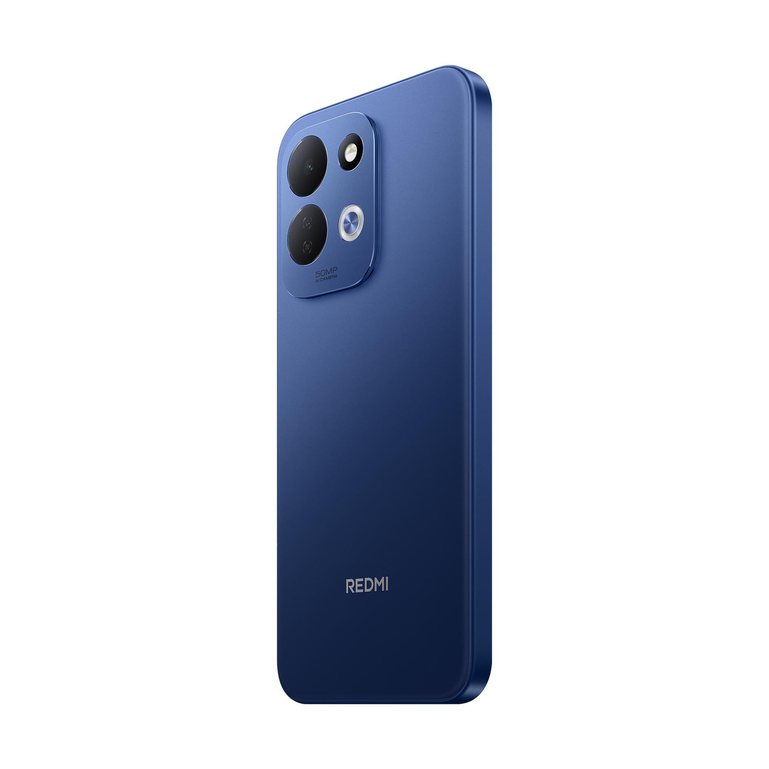 Retro di uno smartphone blu con tripla fotocamera e logo Redmi.
