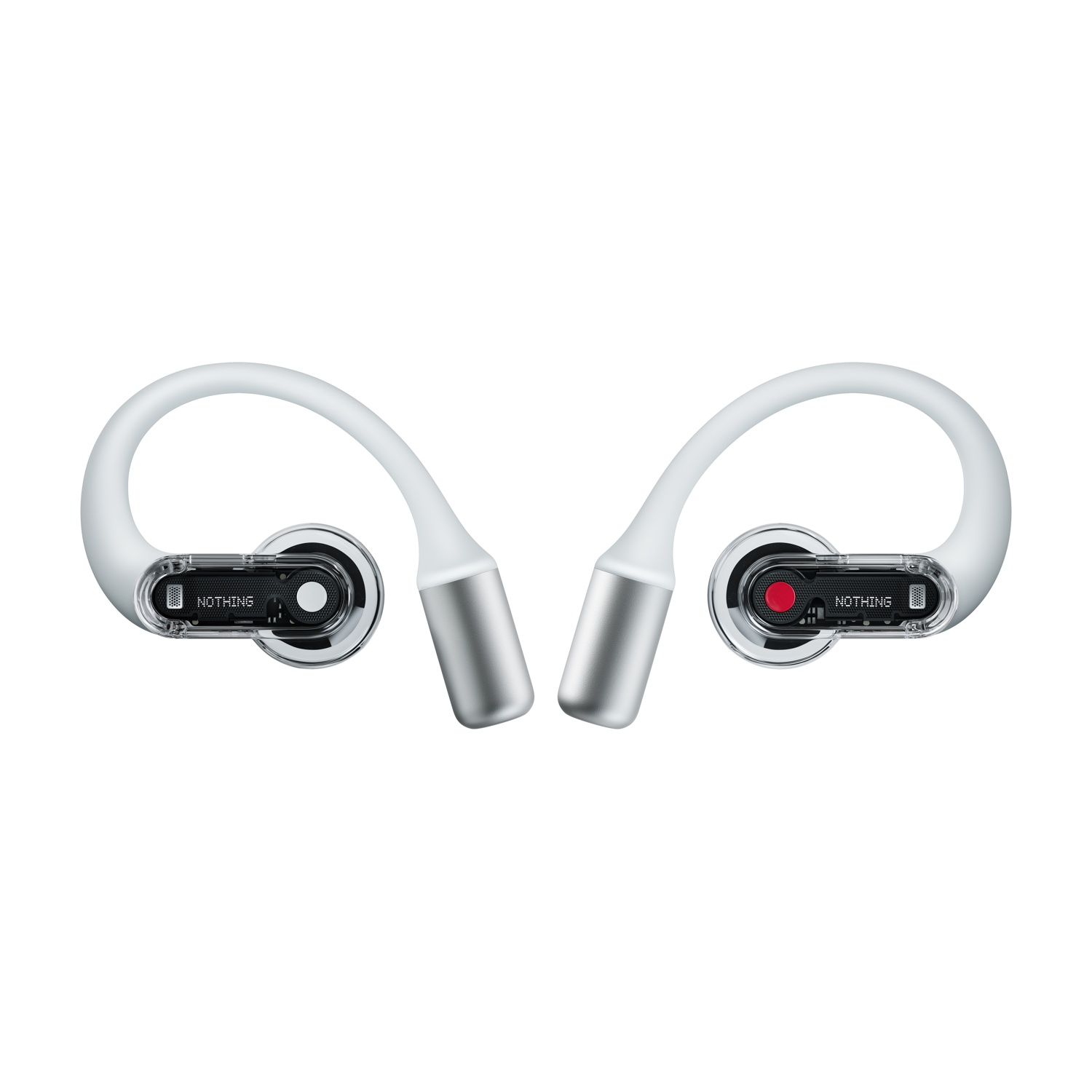 Due auricolari wireless bianchi con accenti argentati su sfondo bianco.