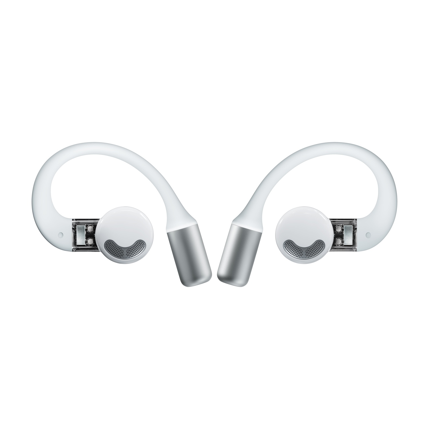 Auricolari bianchi con accenti argentati, su sfondo bianco.