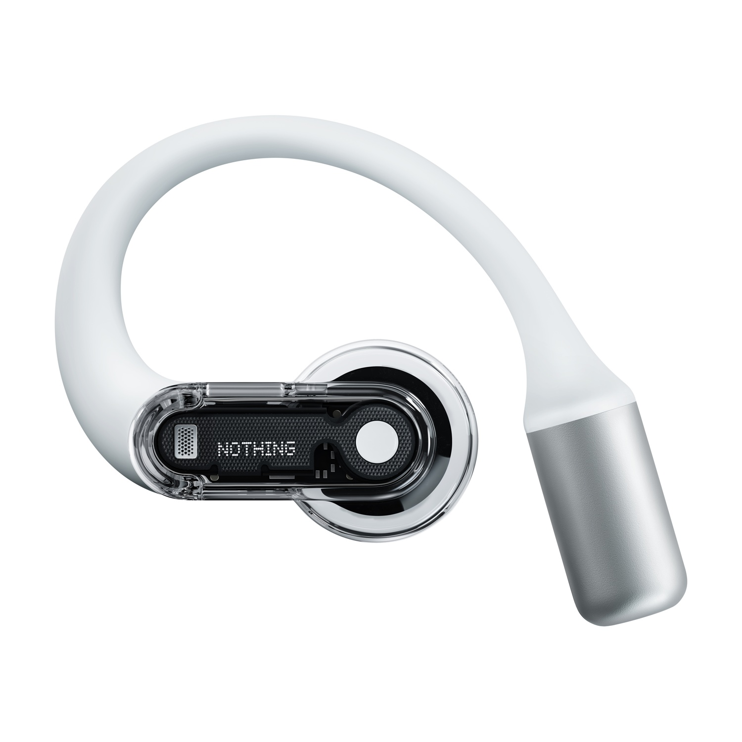 Un auricolare wireless bianco con custodia trasparente e punta argentata su sfondo bianco.