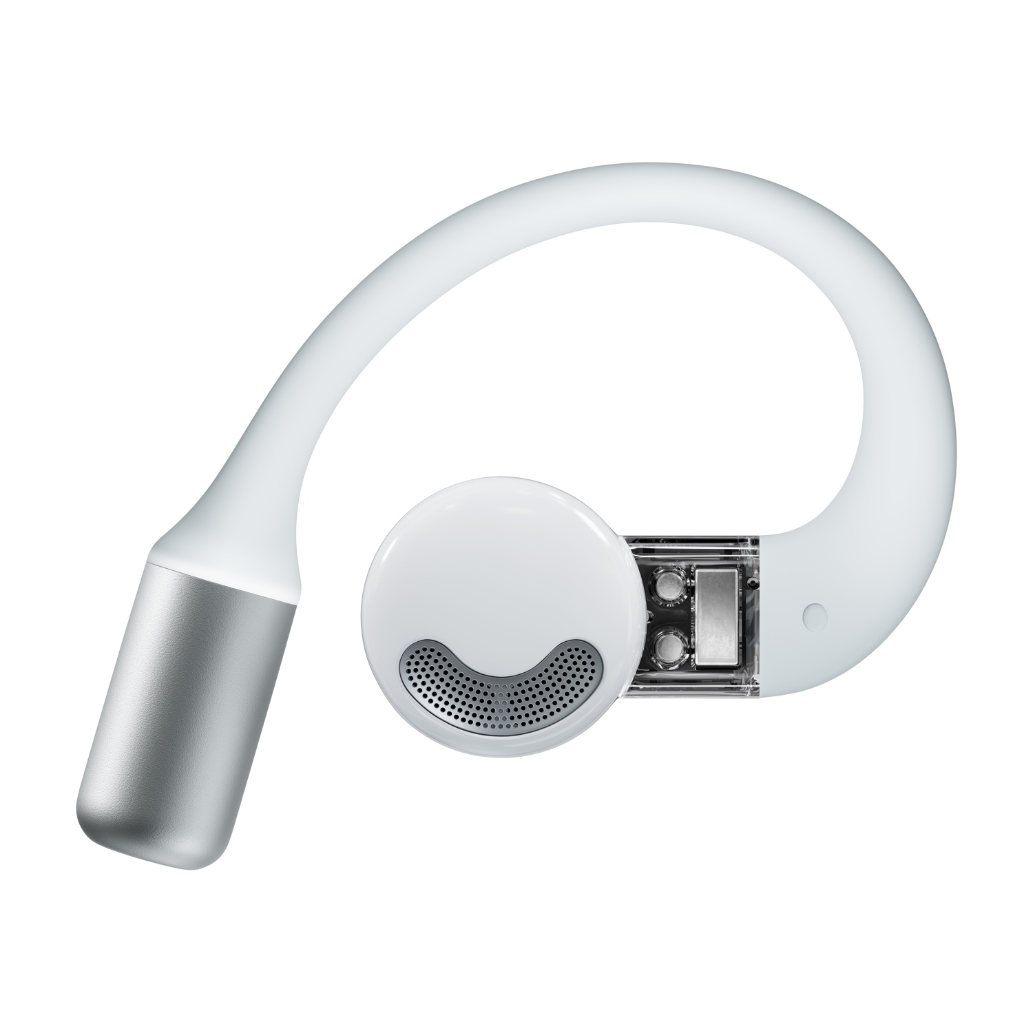 Auricolare bianco ad arco con punta argentata e circuiti a vista.