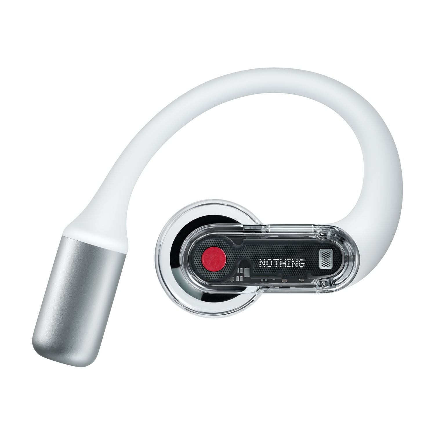 Un auricolare wireless bianco e argento con custodia trasparente.