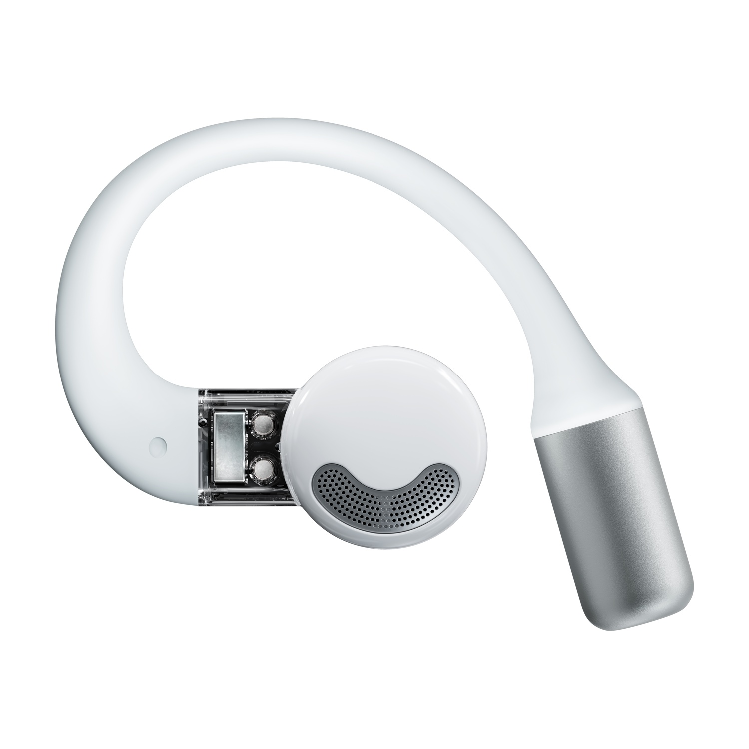 Un auricolare bianco e argento con componenti interni visibili.