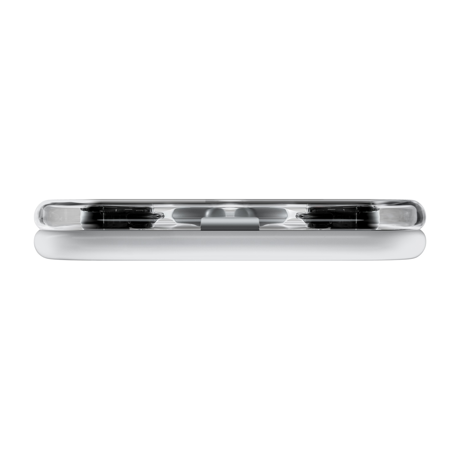 Primo piano di una custodia trasparente con AirPods Pro neri all'interno.
