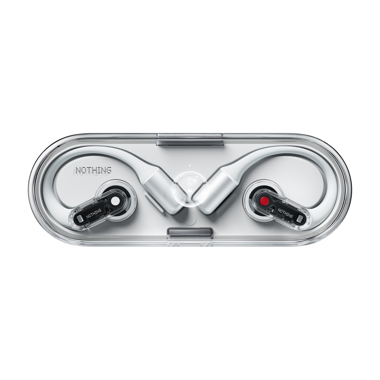 Auricolari wireless bianchi con custodia di ricarica, auricolari bianchi, accento nero.