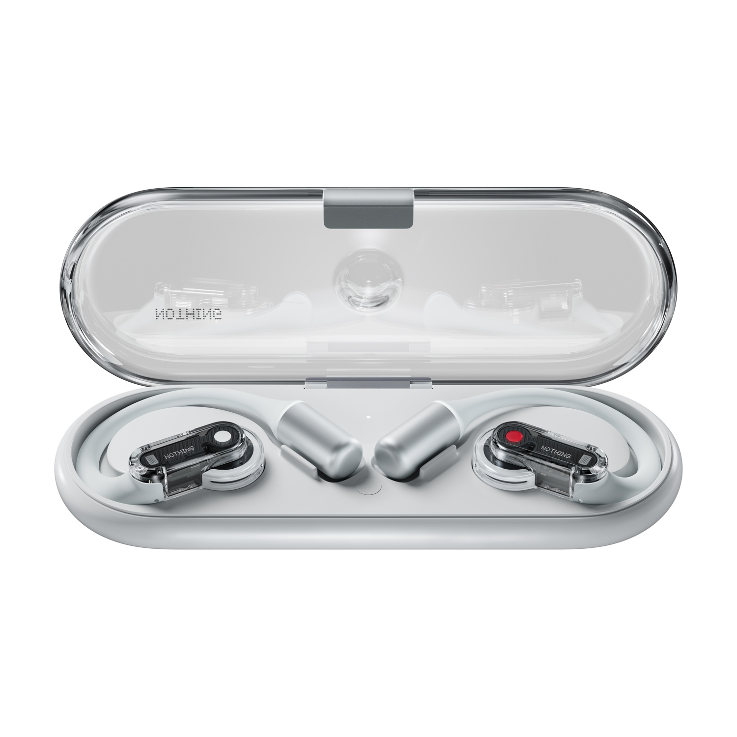 Auricolari bianchi in una custodia di ricarica trasparente con accenti argento e punto rosso.