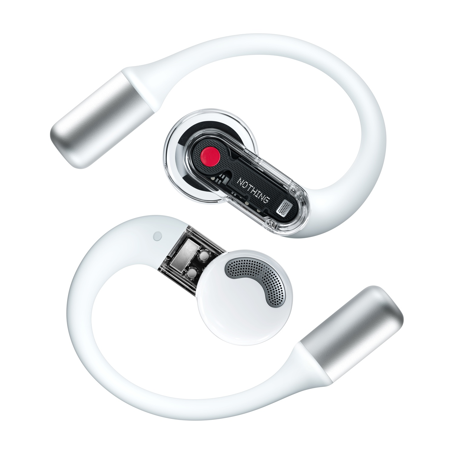 Due auricolari wireless bianchi con accenti argentati e dettagli trasparenti.