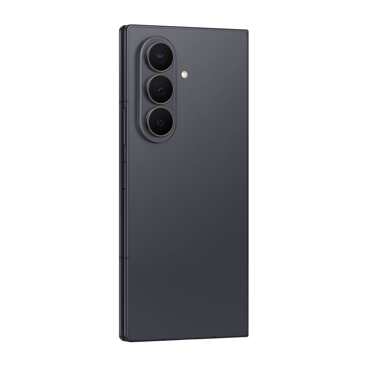 Arkada üç kamerası olan koyu gri akıllı telefon.