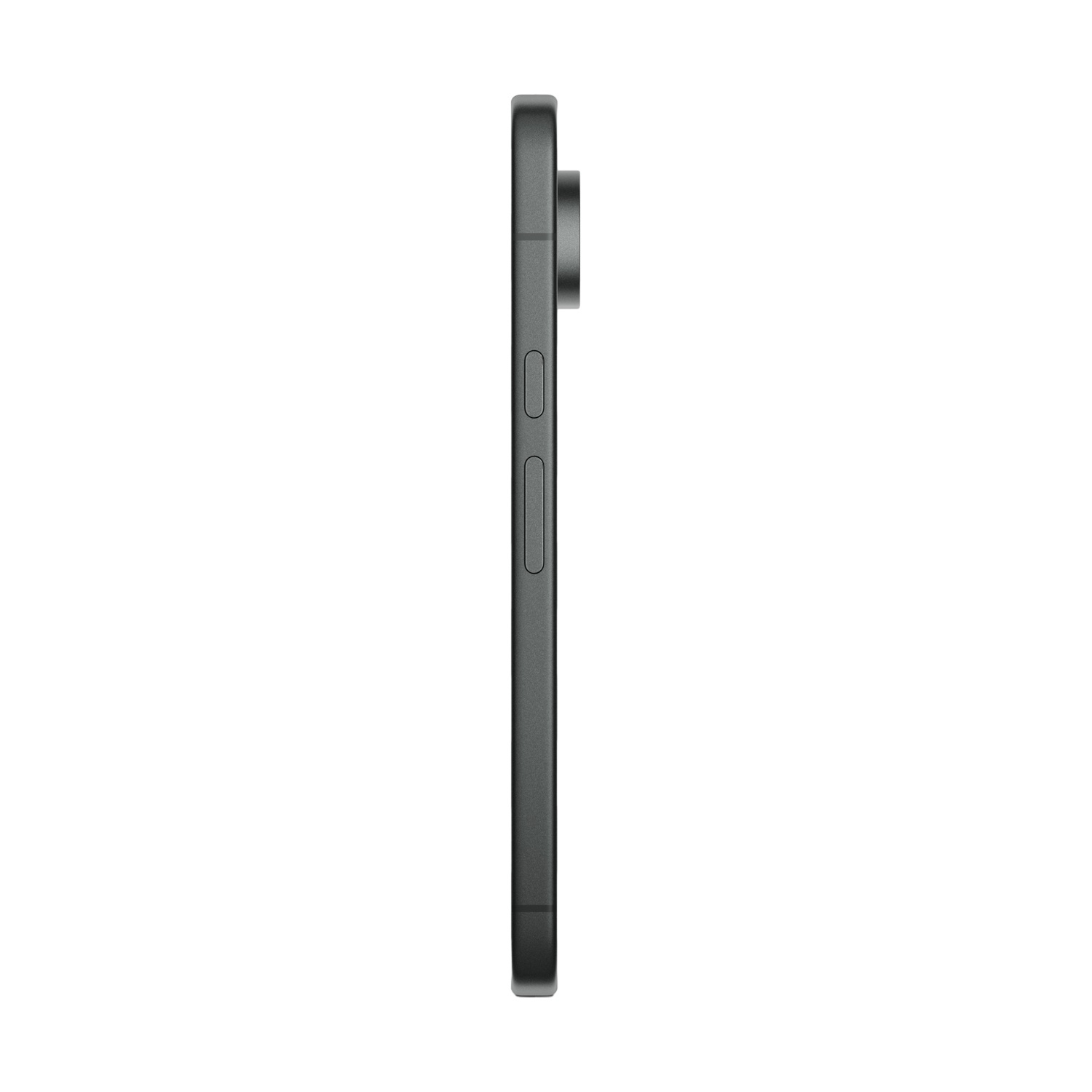 Profilo smartphone grigio scuro con lente fotocamera e pulsanti su sfondo bianco.