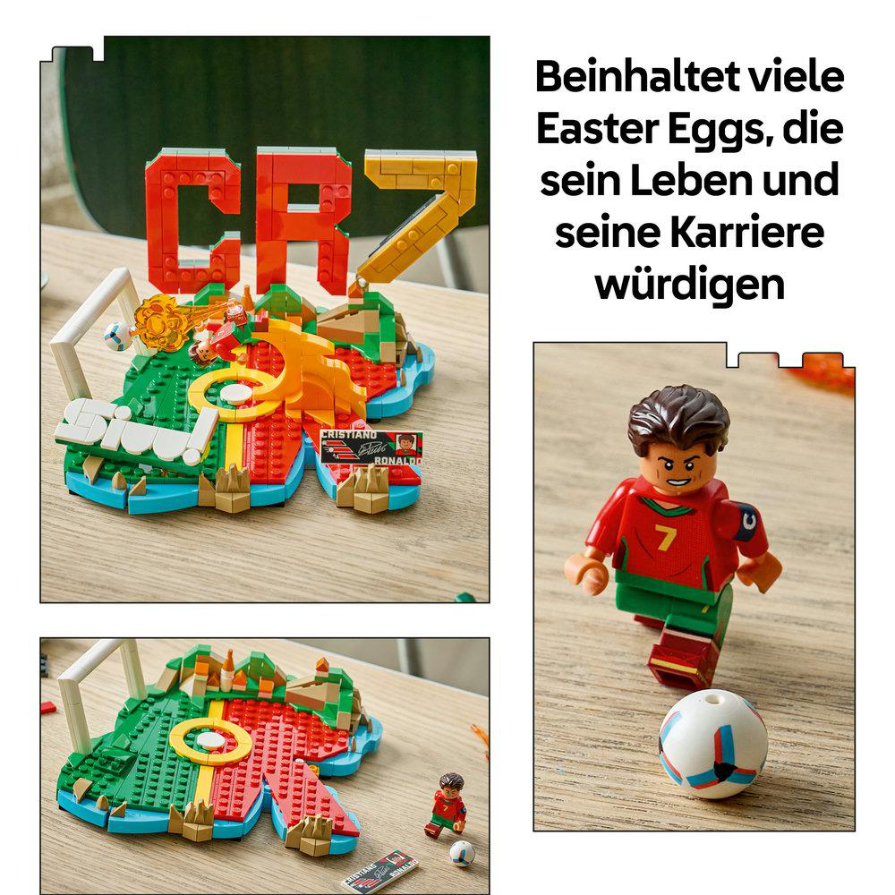 Lego-Set mit CR7 Logo, Fußballfeld und einer Spielfigur von Cristiano Ronaldo.