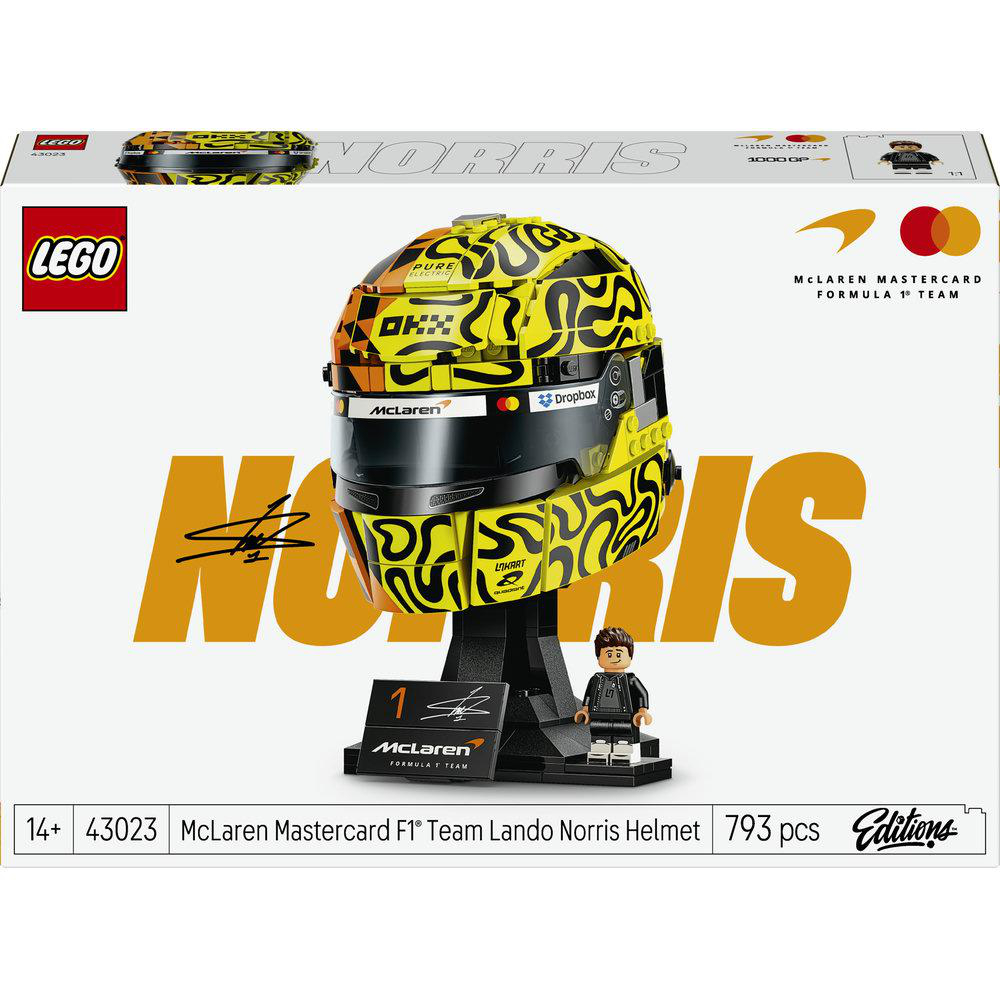 LEGO-Set eines McLaren F1-Helms von Lando Norris mit Minifigur.