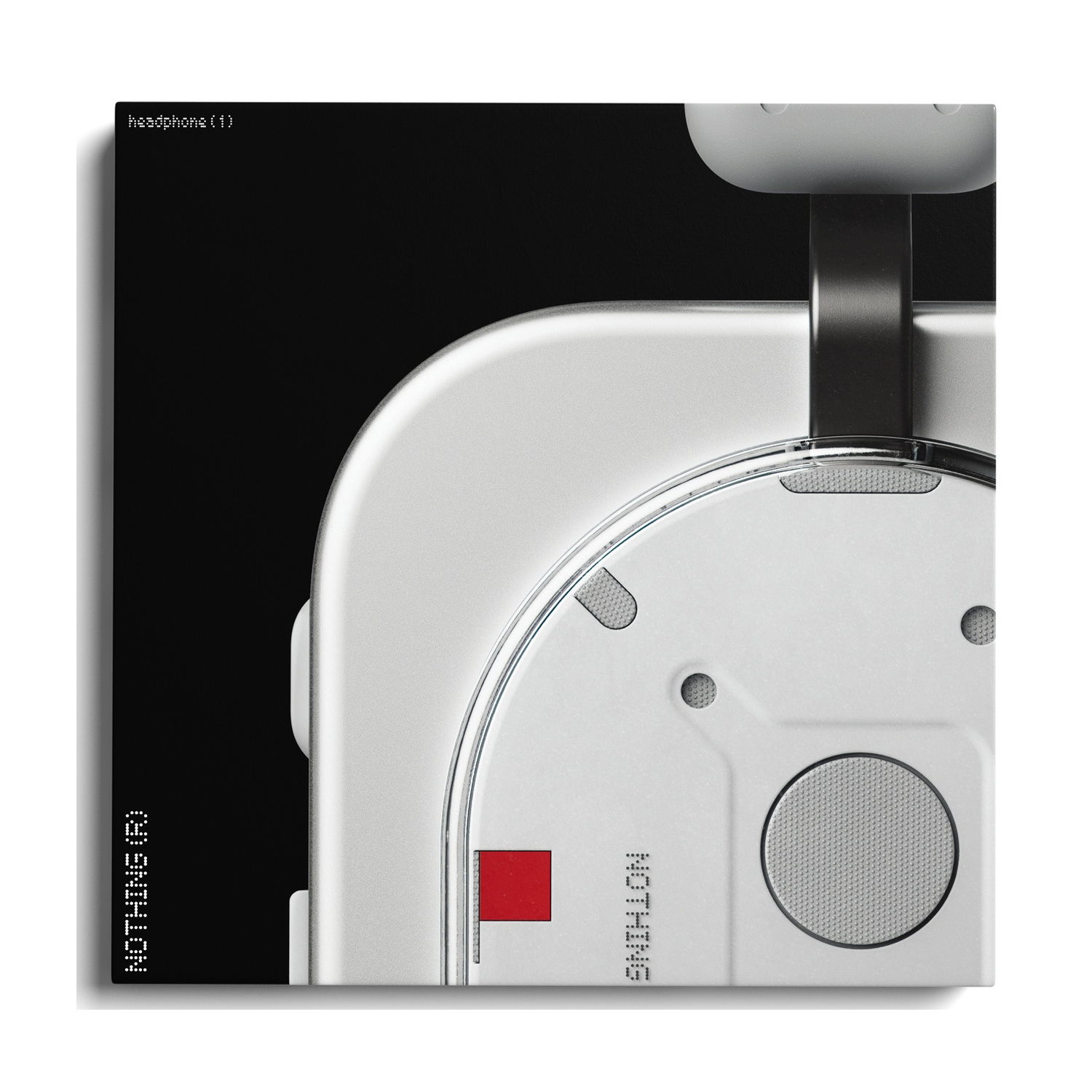 Primo piano di un auricolare bianco con sfondo nero e accento rosso.
