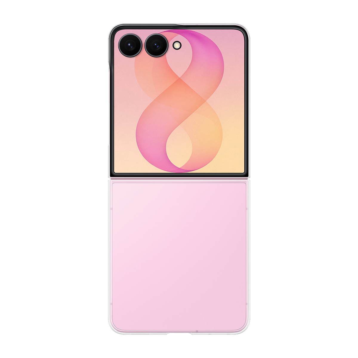 Ekranında dalga deseni olan, iki kameralı pembe kapaklı telefon.
