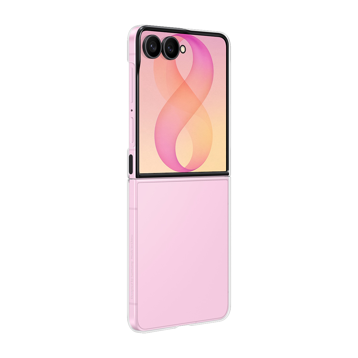 Ekranında turuncu, pembe desenli, iki kameralı pembe katlanabilir akıllı telefon.