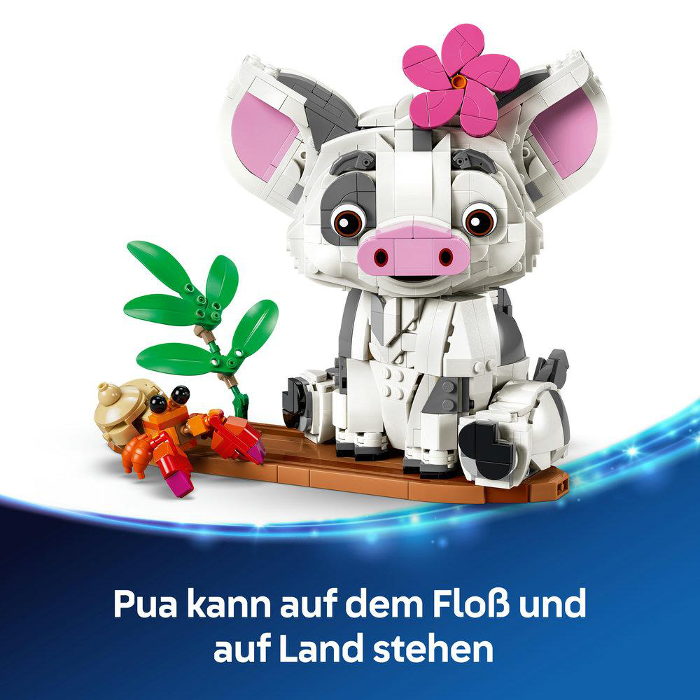 LEGO Pua mit Kakamora und Pflanzen auf einem Floß, weißer Hintergrund.