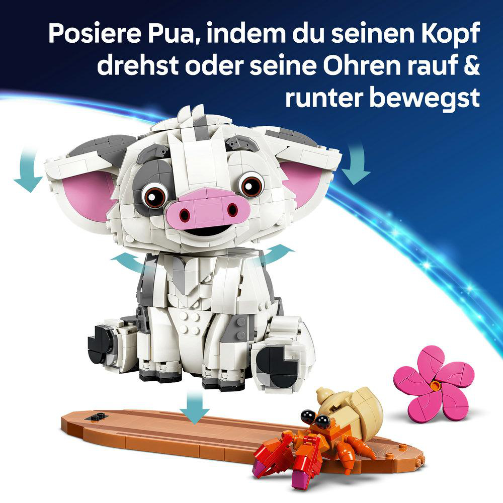Ein LEGO-Modell von Pua, dem Schwein aus Vaiana, mit einem Krabben- und einem Blumen-Minifiguren.