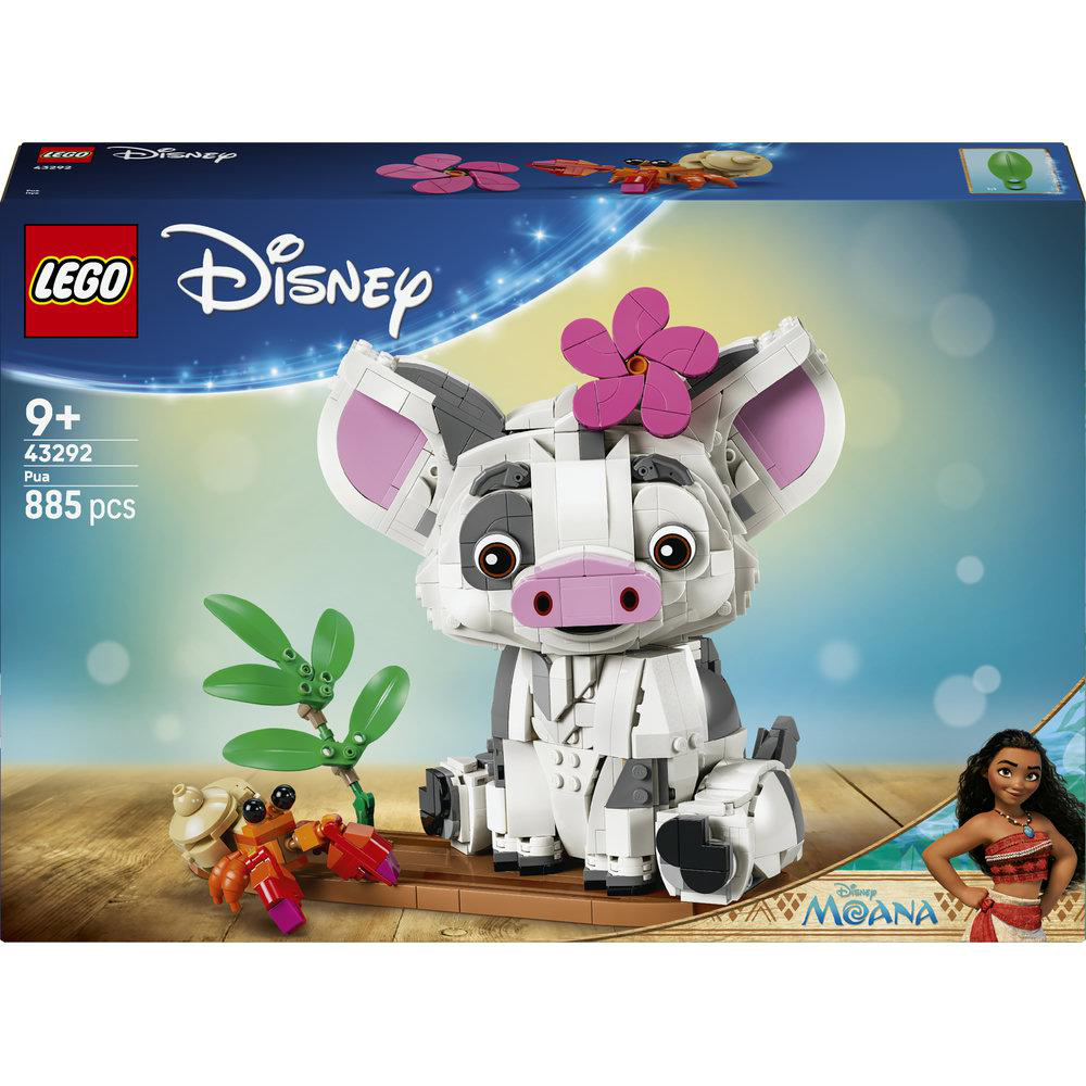 LEGO Disney Bausatz: Pua das Schwein mit Blume auf dem Kopf, mit Moana und Krebs.
