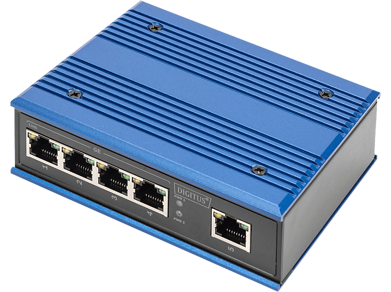 DIGITUS 4 Port Gigabit Netzwerk Switch, Industrial, Unmanaged, 1 RJ-45 Uplink Port, 10/100/1000Base-TX, Blau/Grau; Switch----Switch