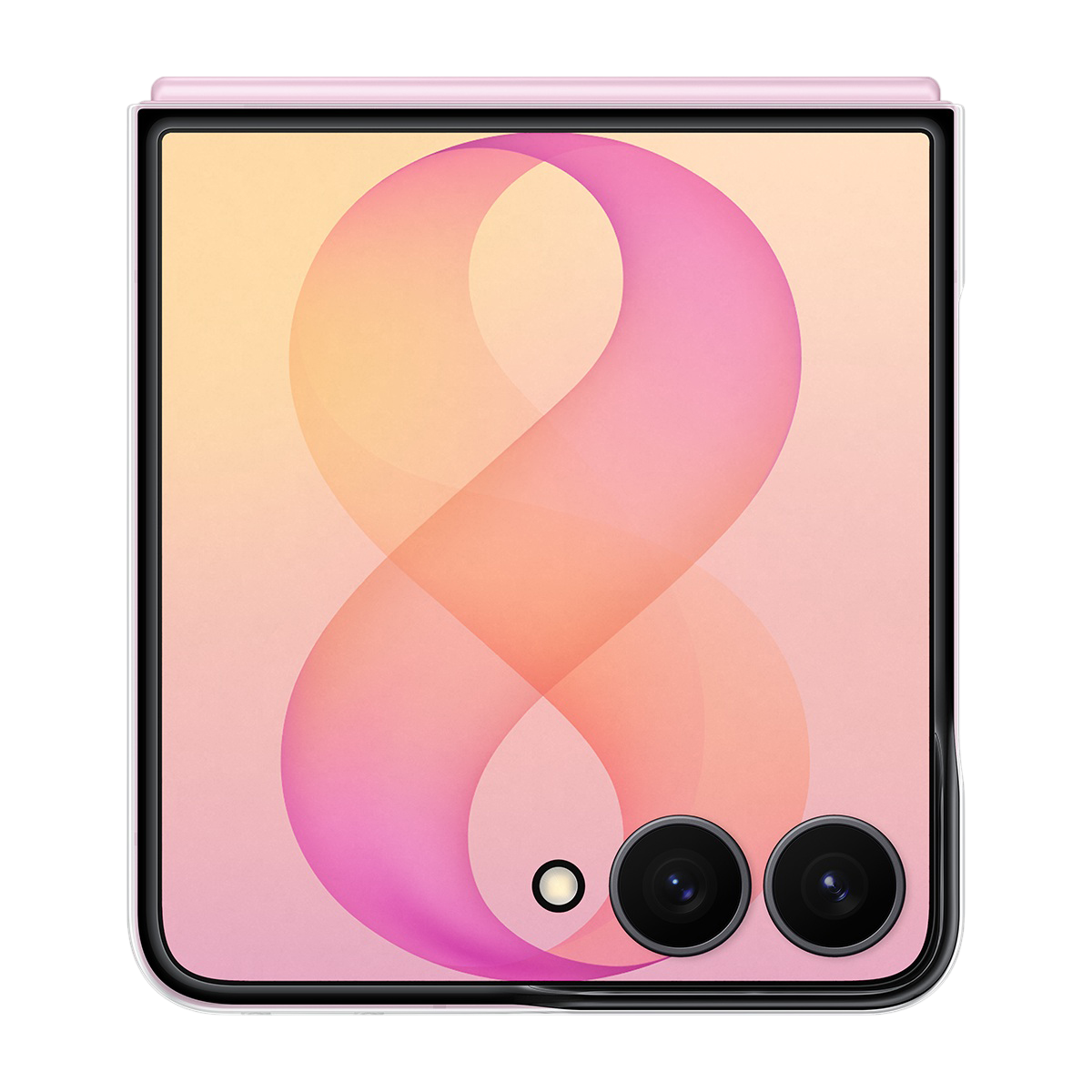 Kapalı pembe kapaklı telefonun ekranında soyut, dalgalı pembe ve turuncu desen bulunur.