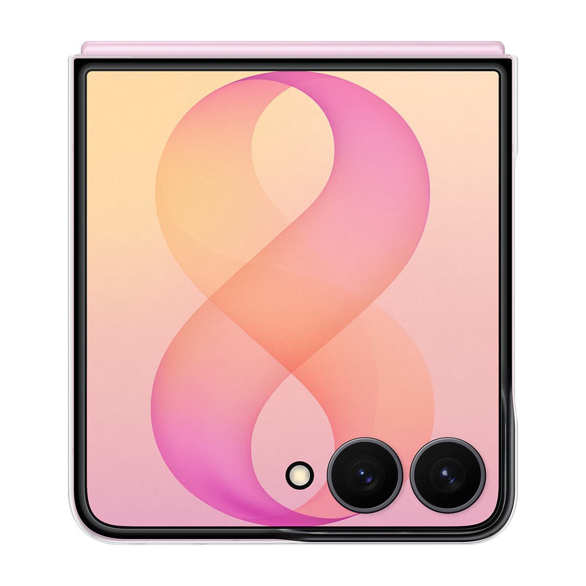 Ekranında stilize edilmiş pembe ve turuncu deseni olan kapalı pembe kapaklı telefon.