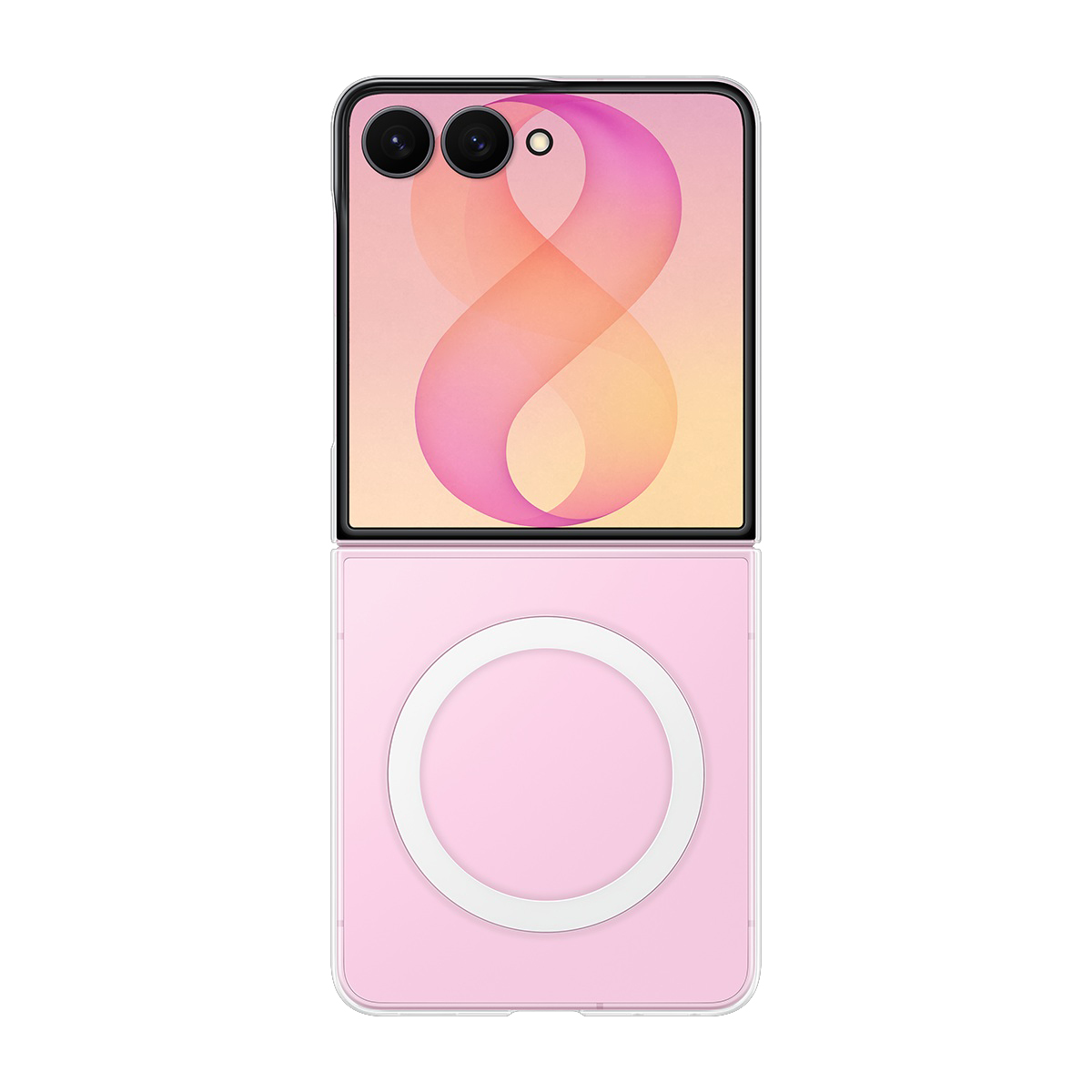 Ekranında kurdele deseni ve arkasında daire bulunan pembe bir kapaklı telefon.