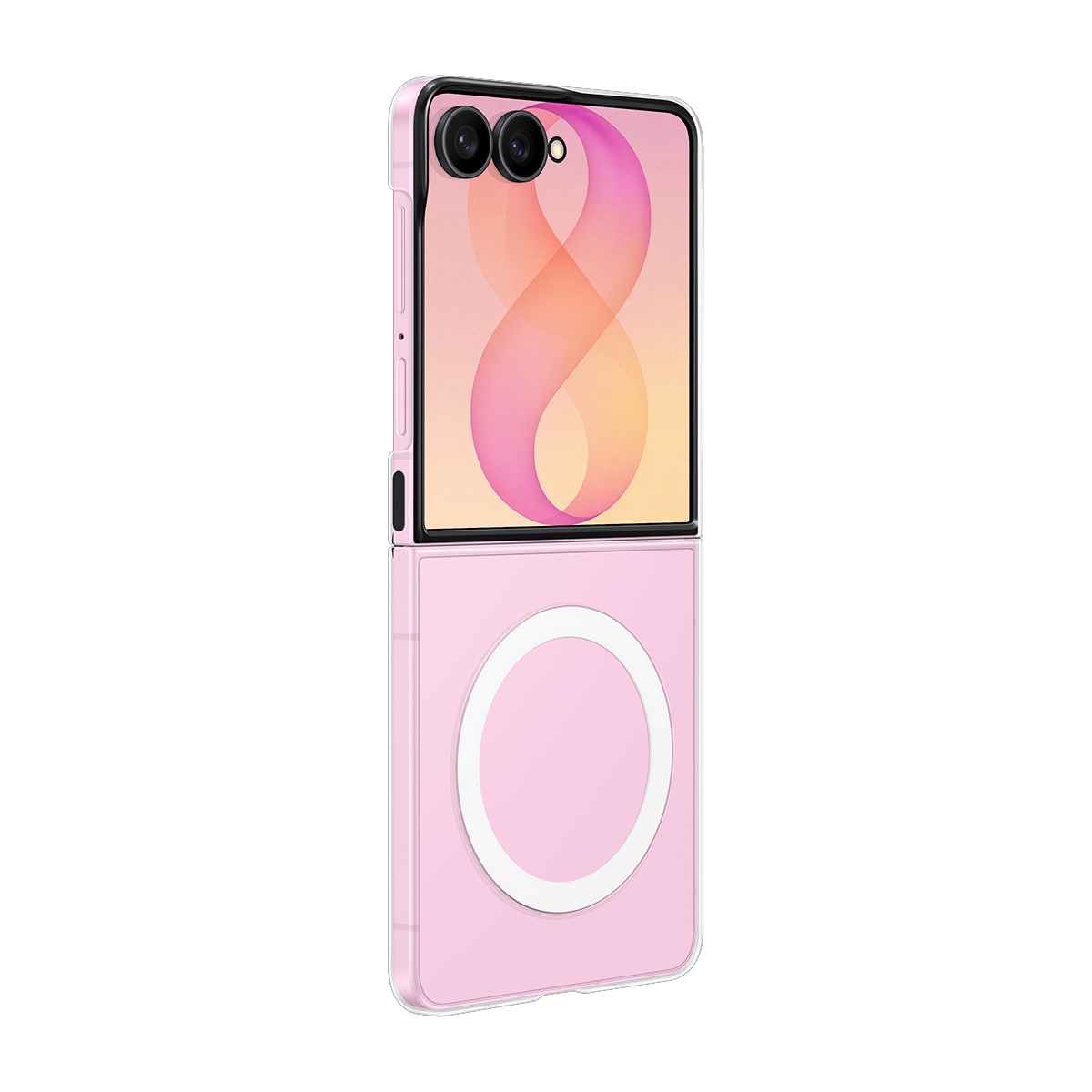 Alt kısmında halka bulunan, pembe renkli, çift ekranlı kapaklı telefon.