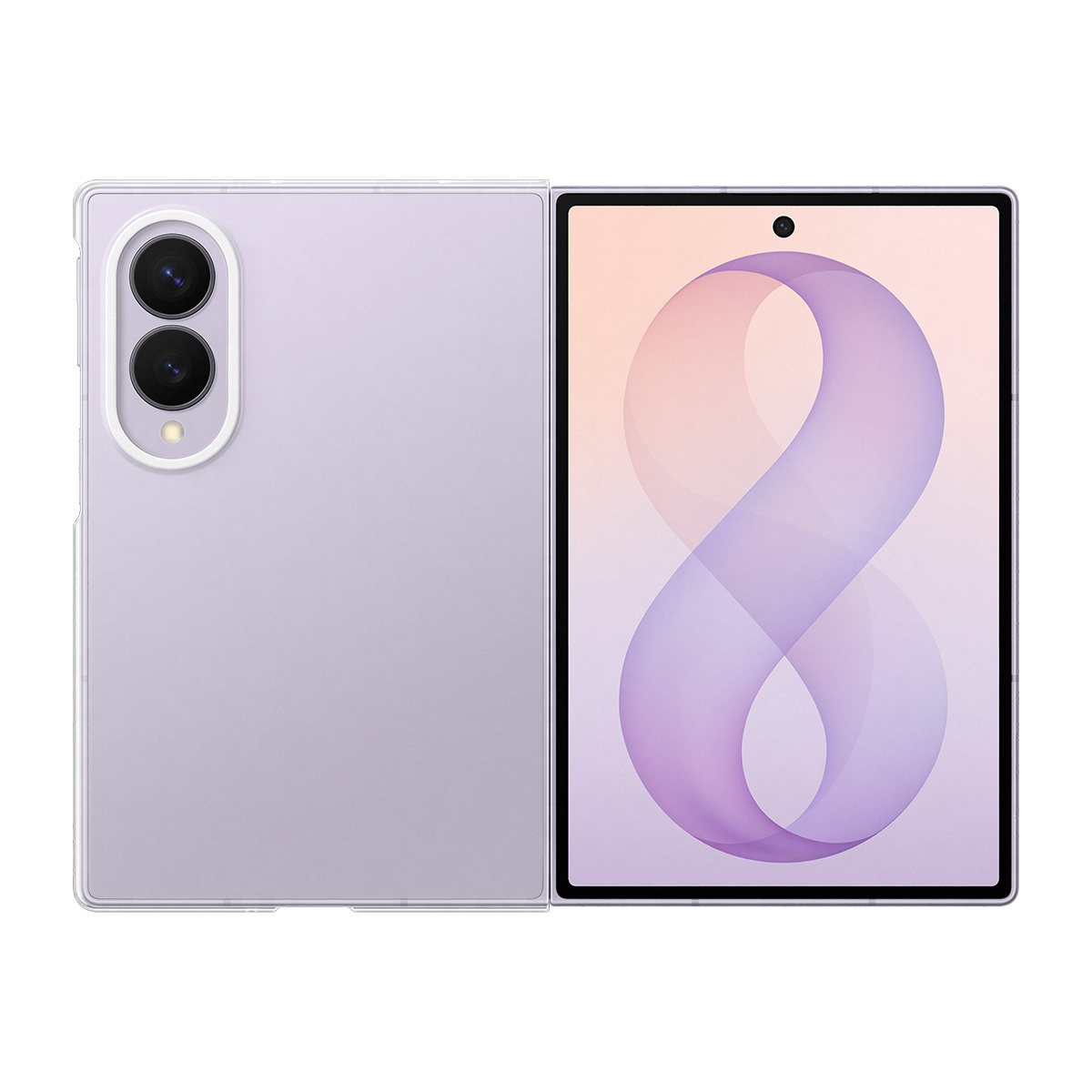 Arkada kamera bulunan mor renkli, iki ekranlı katlanabilir akıllı telefon.