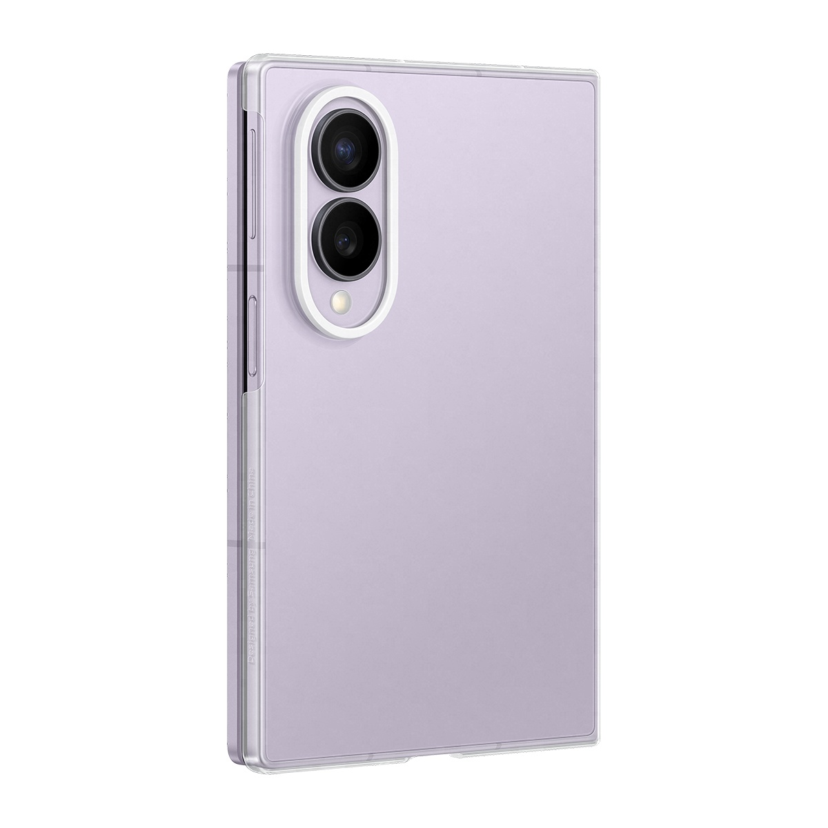 İçinde açık mor telefon bulunan şeffaf telefon kılıfı. Arkada iki kamera bulunur.