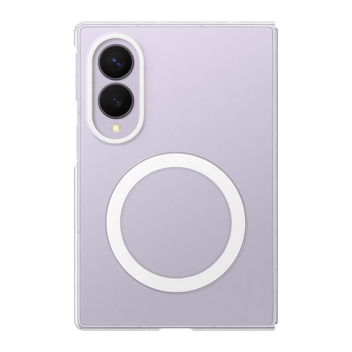 Arkada iki kamera ve beyaz bir daire bulunan mor bir telefon.