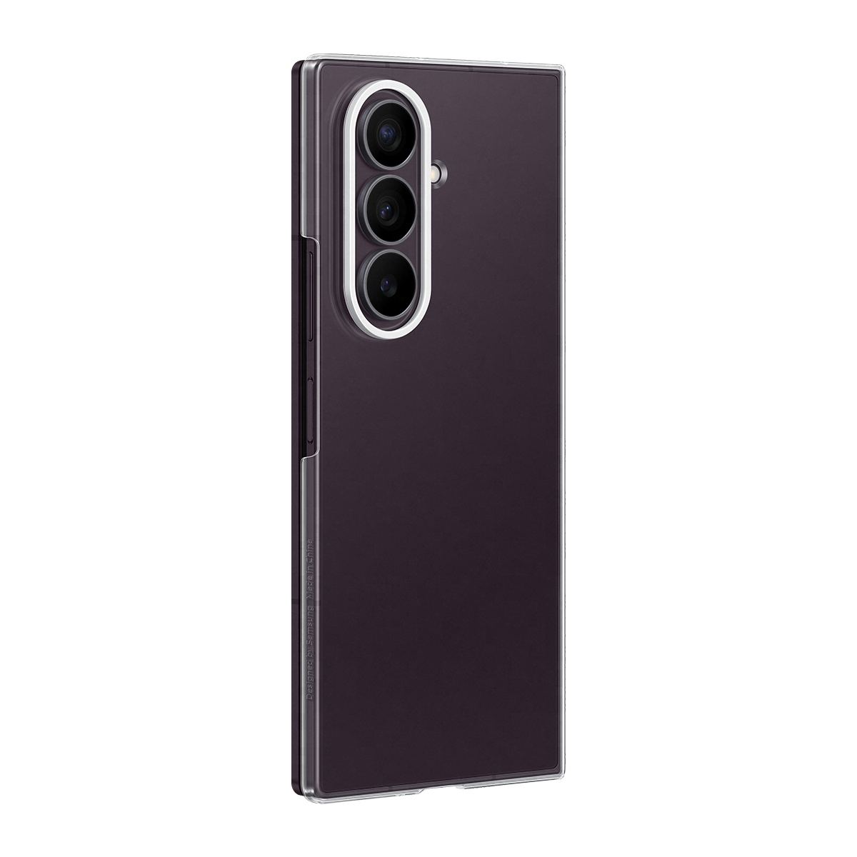 Üç kameralı, şeffaf çerçeveli mor telefon kılıfı.