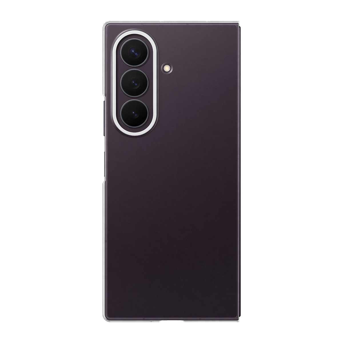 Arkada üç kamera ve flaşlı koyu mor akıllı telefon.