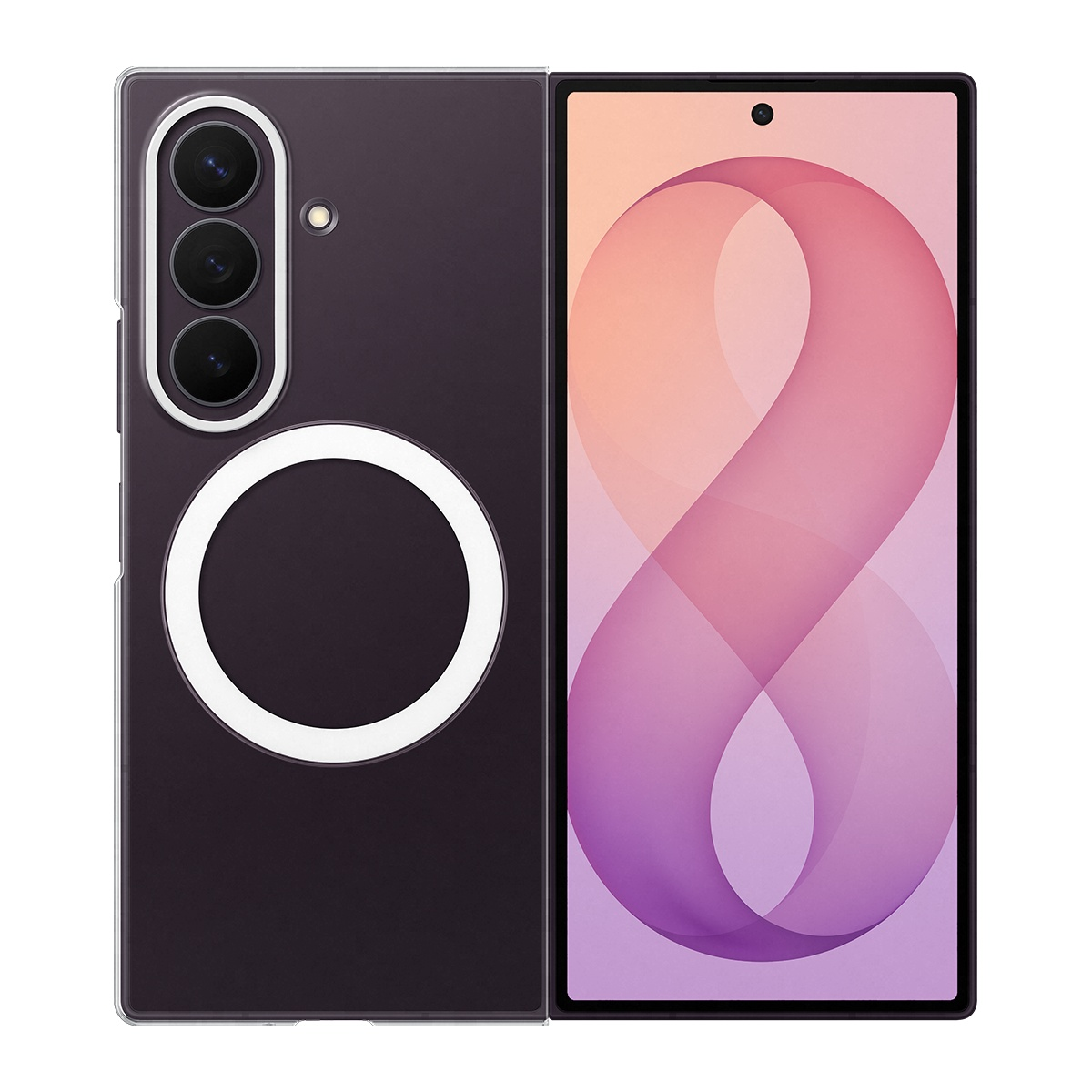Arkada halka ve kameralı koyu renkli akıllı telefon, ekranda pembe halka.