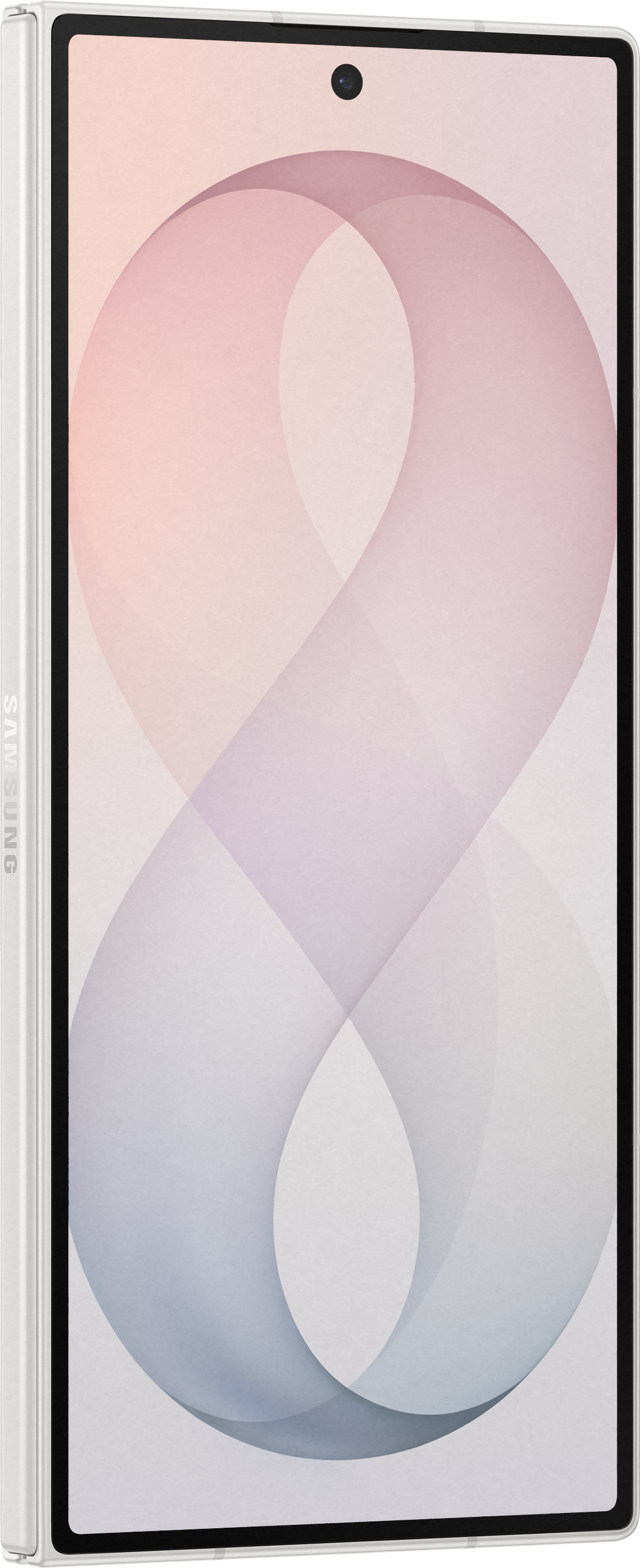 Ein weißes Smartphone mit einem Hintergrund aus sanften rosa-blauen Wellen.