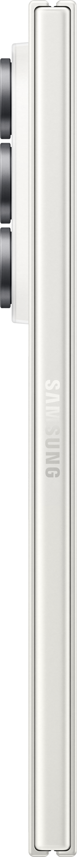 Ein weißes Samsung-Telefon mit mehreren Kameras, seitlich aufgenommen.