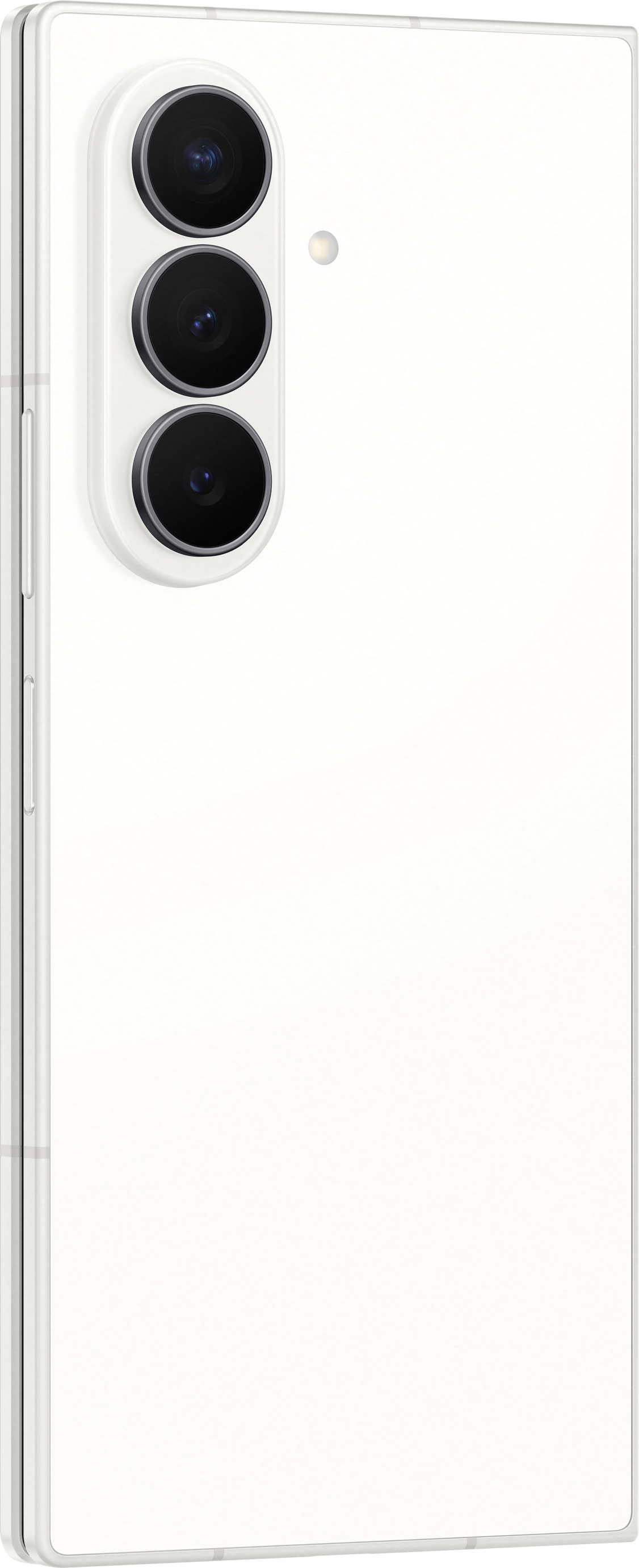 Ein weißes Smartphone mit drei Kameralinsen und einem Blitz auf der Rückseite.