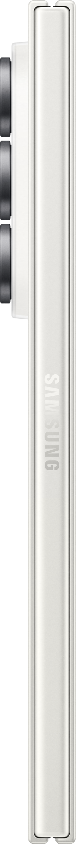 Weißes Smartphone mit Samsung-Logo von der Seite mit Kameralinsen.