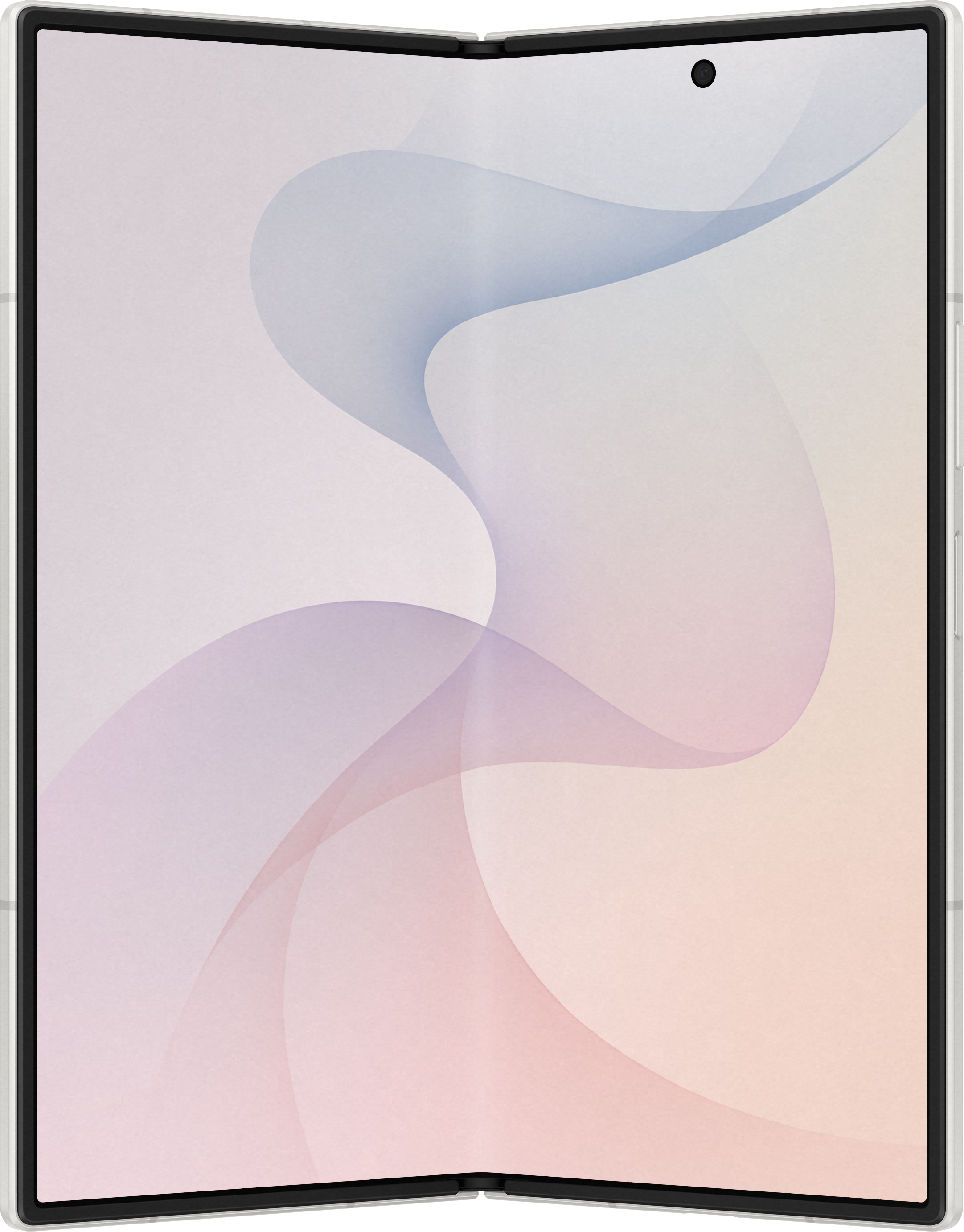 Ein offenes Smartphone mit einem Wellenmuster in Rosa und Blau auf dem Bildschirm.