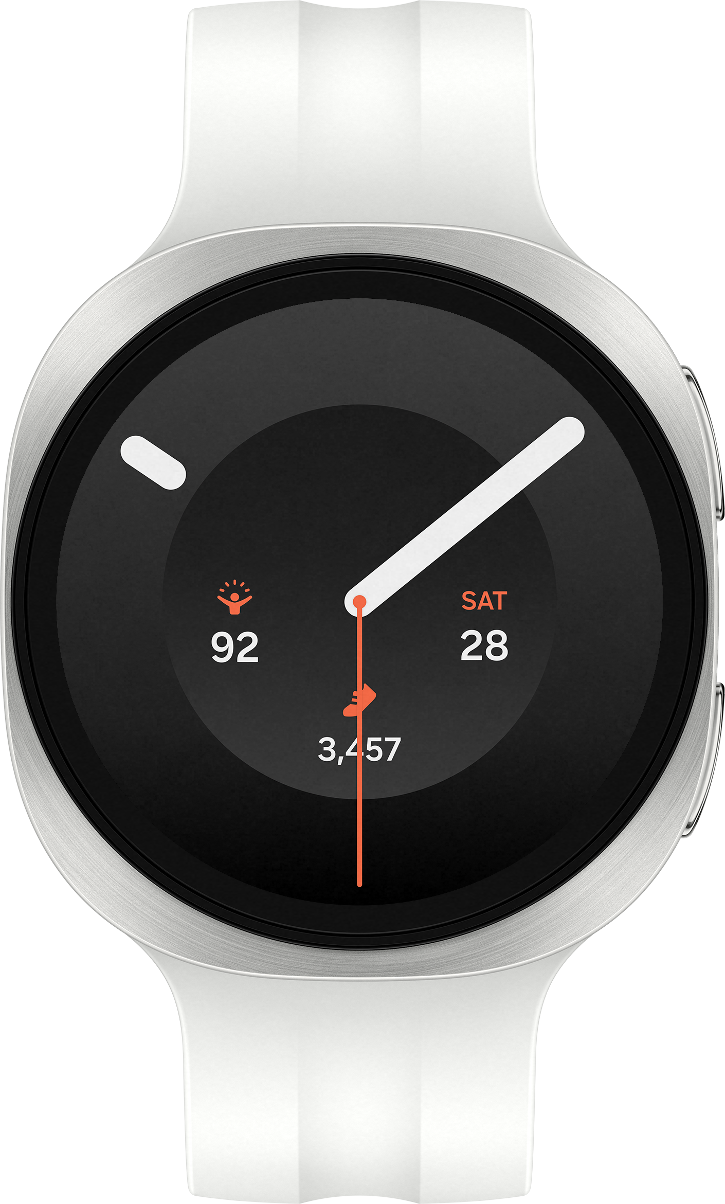 Une montre connectée blanche à cadran noir affiche 92, 3 457 pas et SAM 28.