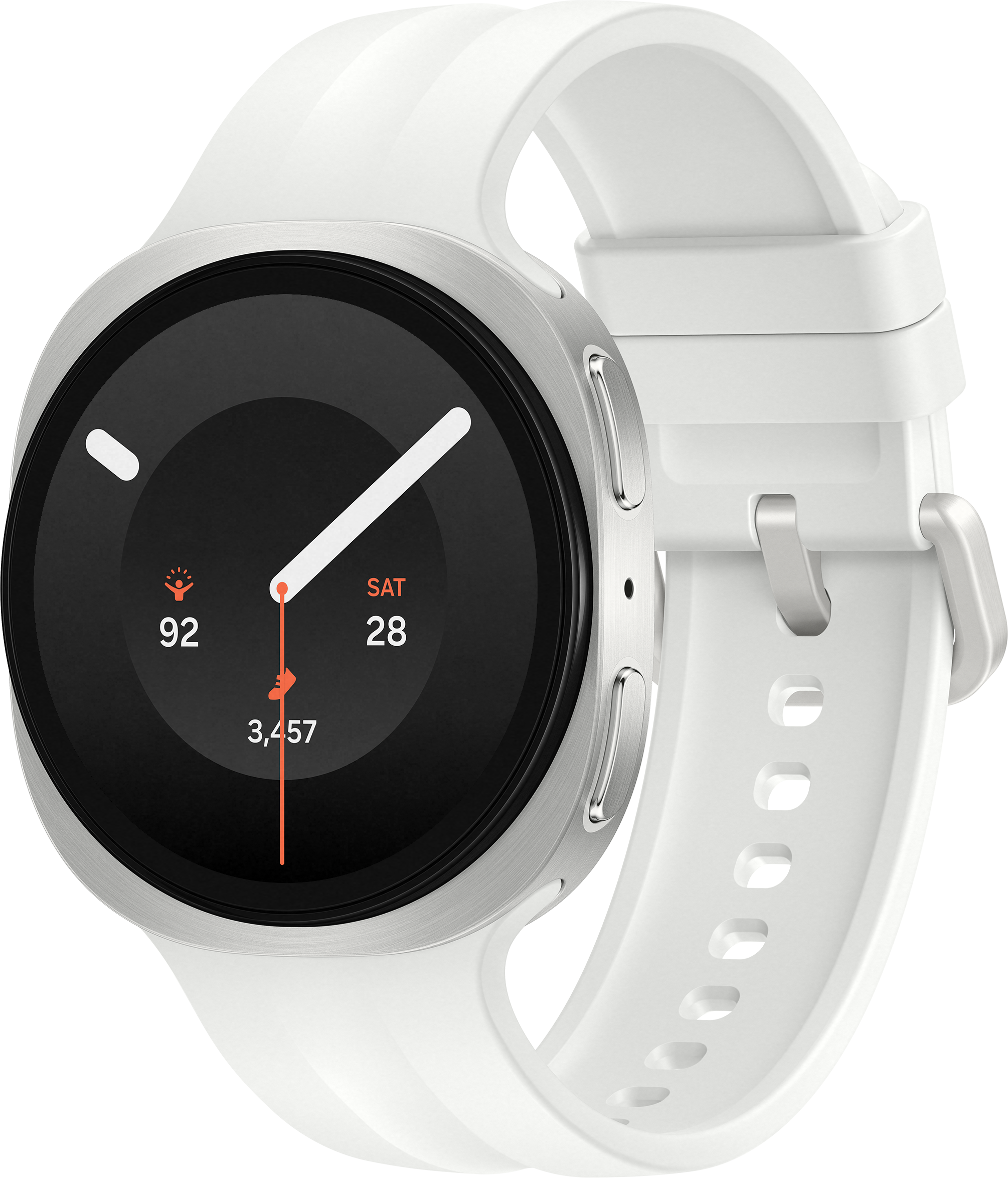 Montre connectée blanche avec lunette argentée et cadran noir. Affiche date et pas.