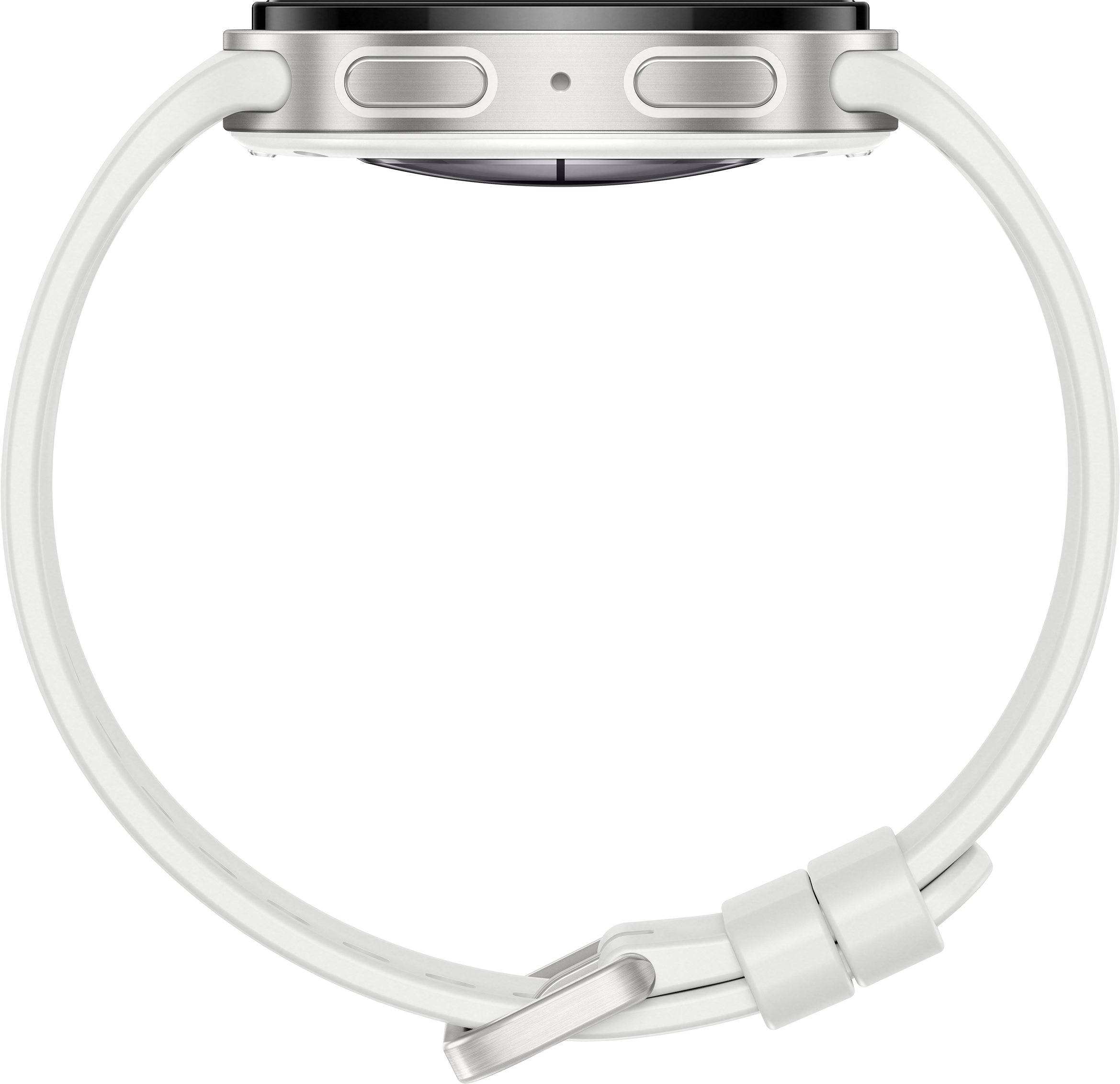 Une montre connectée blanche avec des boutons argentés sur fond noir.