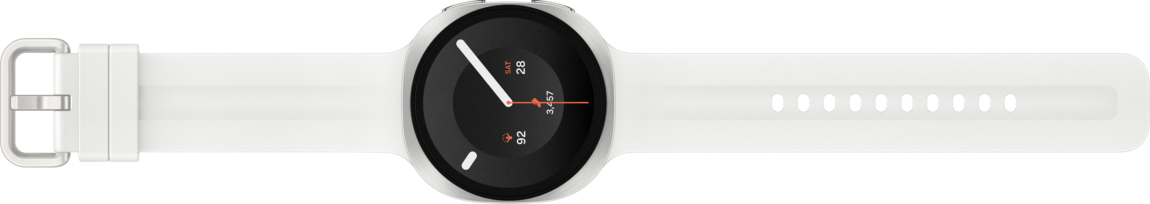 Montre connectée blanche avec cadran noir rond et aiguilles argentées.