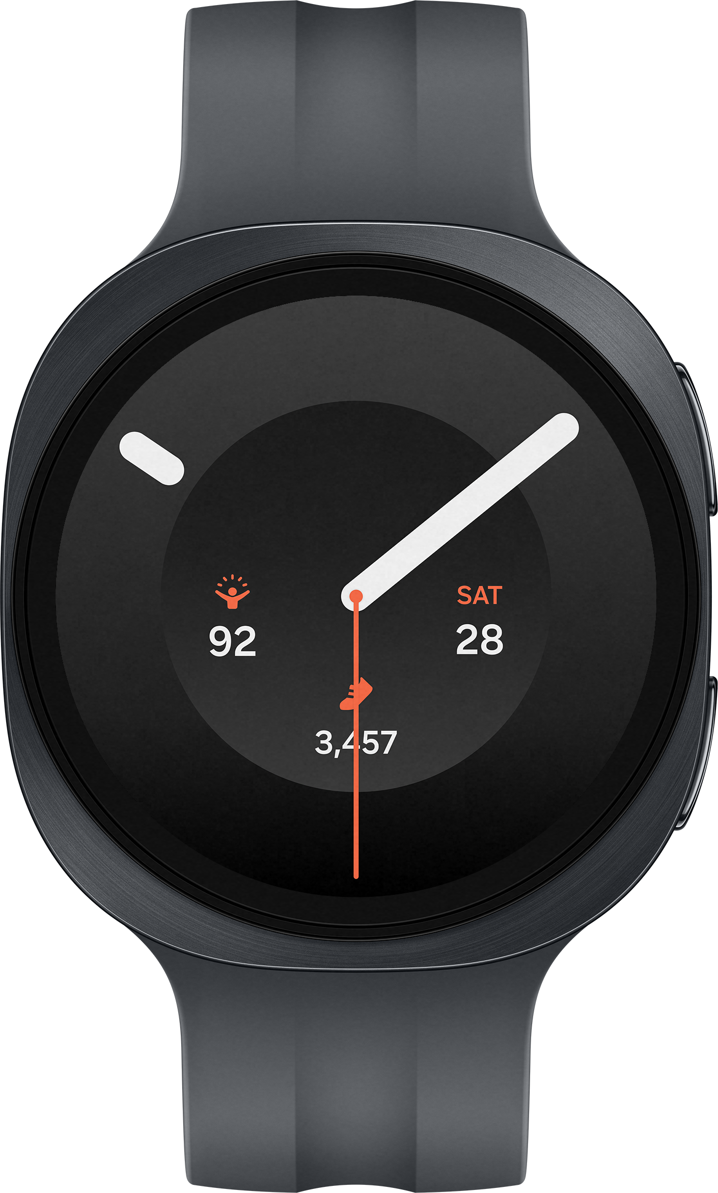 Montre connectée grise avec cadran noir affichant Sam 28, 92 pas et 3 457 pas.