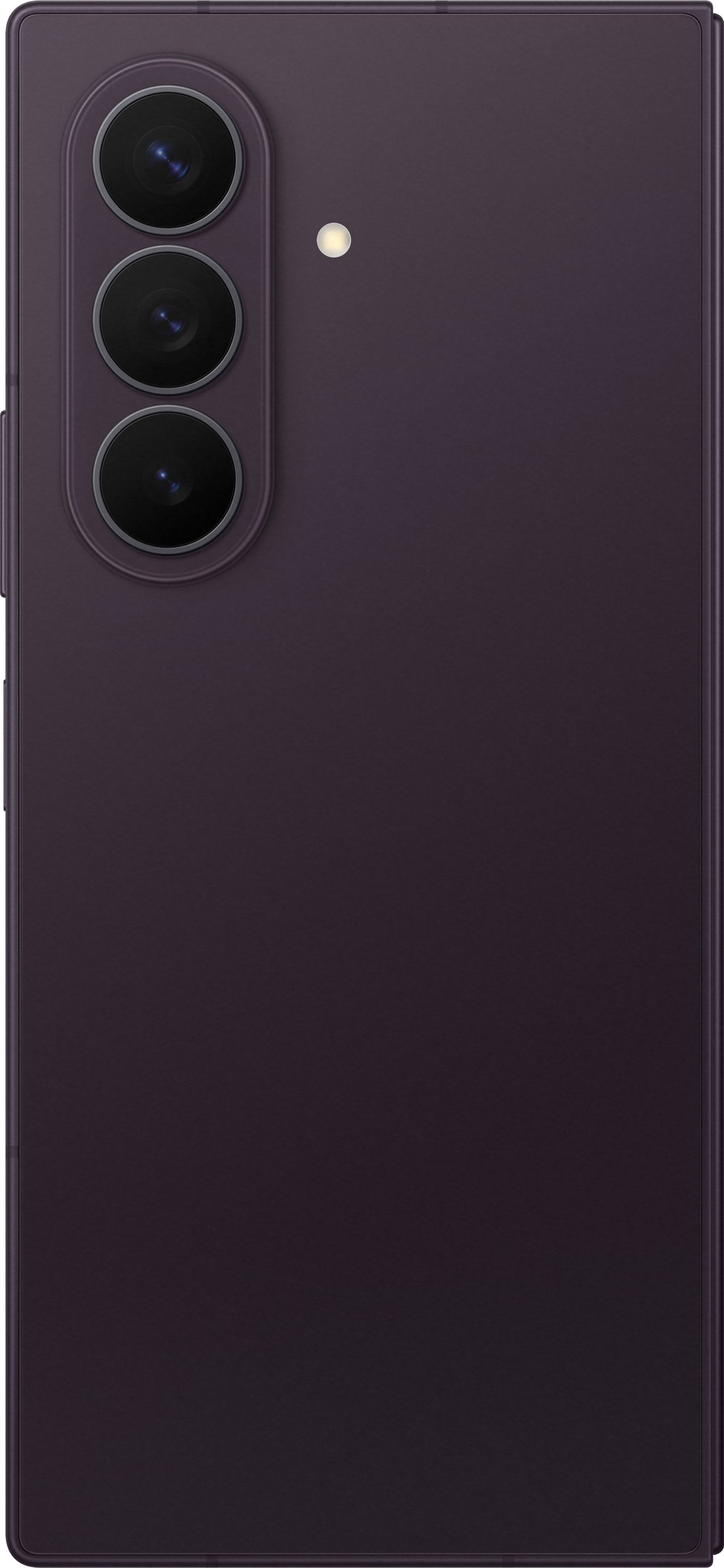 Dunkelviolettes Smartphone mit drei Kameras und Blitzlicht.