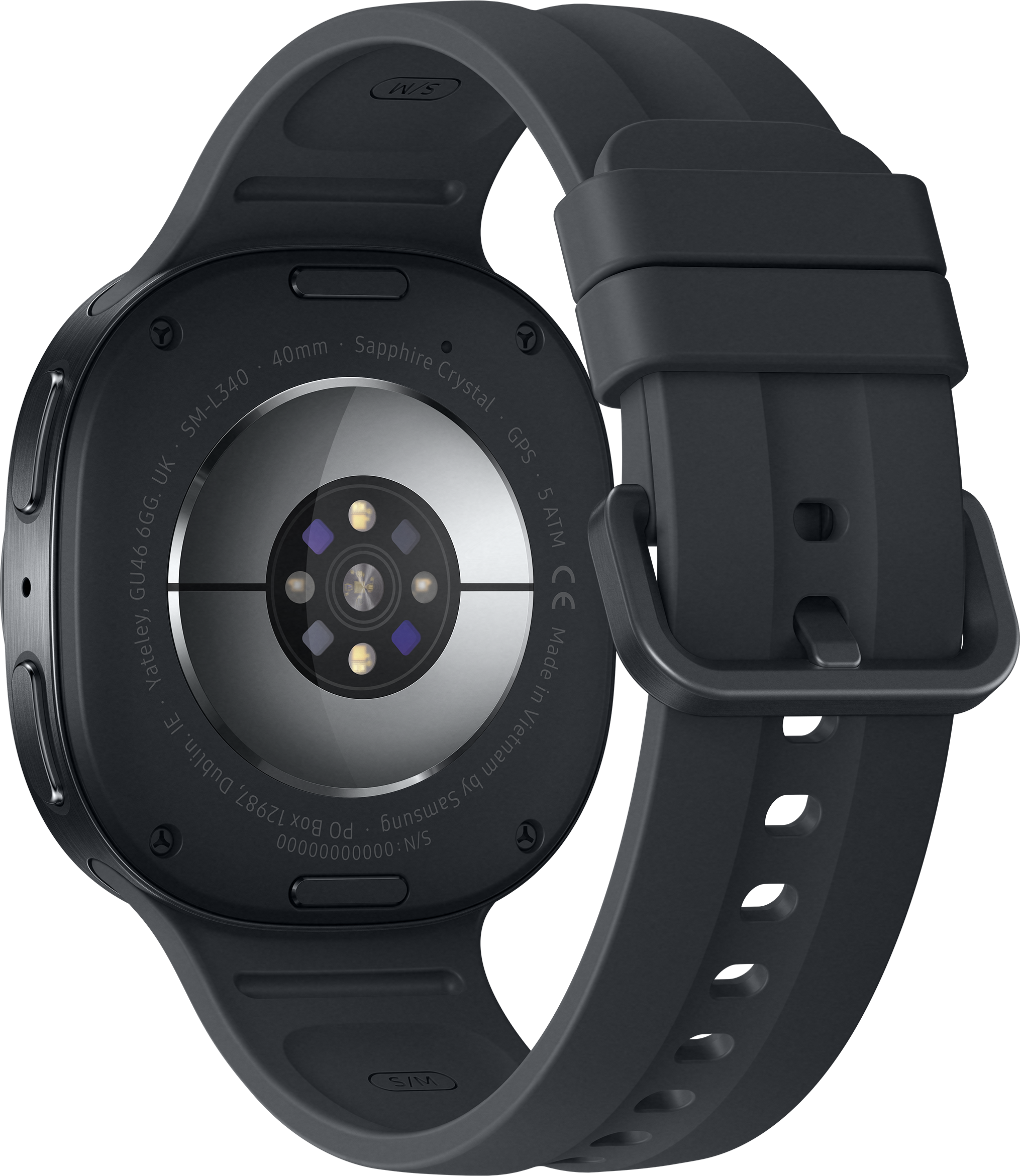 Arrière d'une montre connectée foncée montrant le capteur de fréquence cardiaque et le bracelet en silicone.