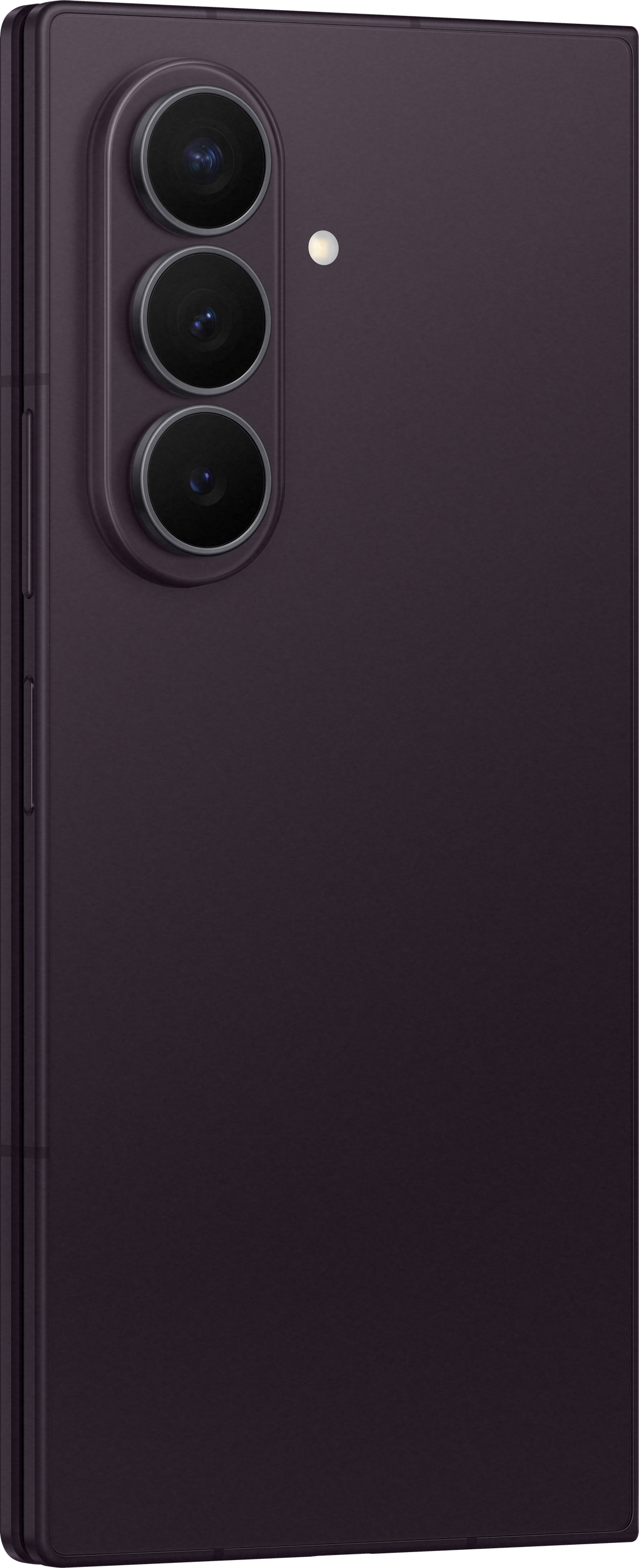 Dunkles lila Smartphone mit drei Kameralinsen und Blitz.