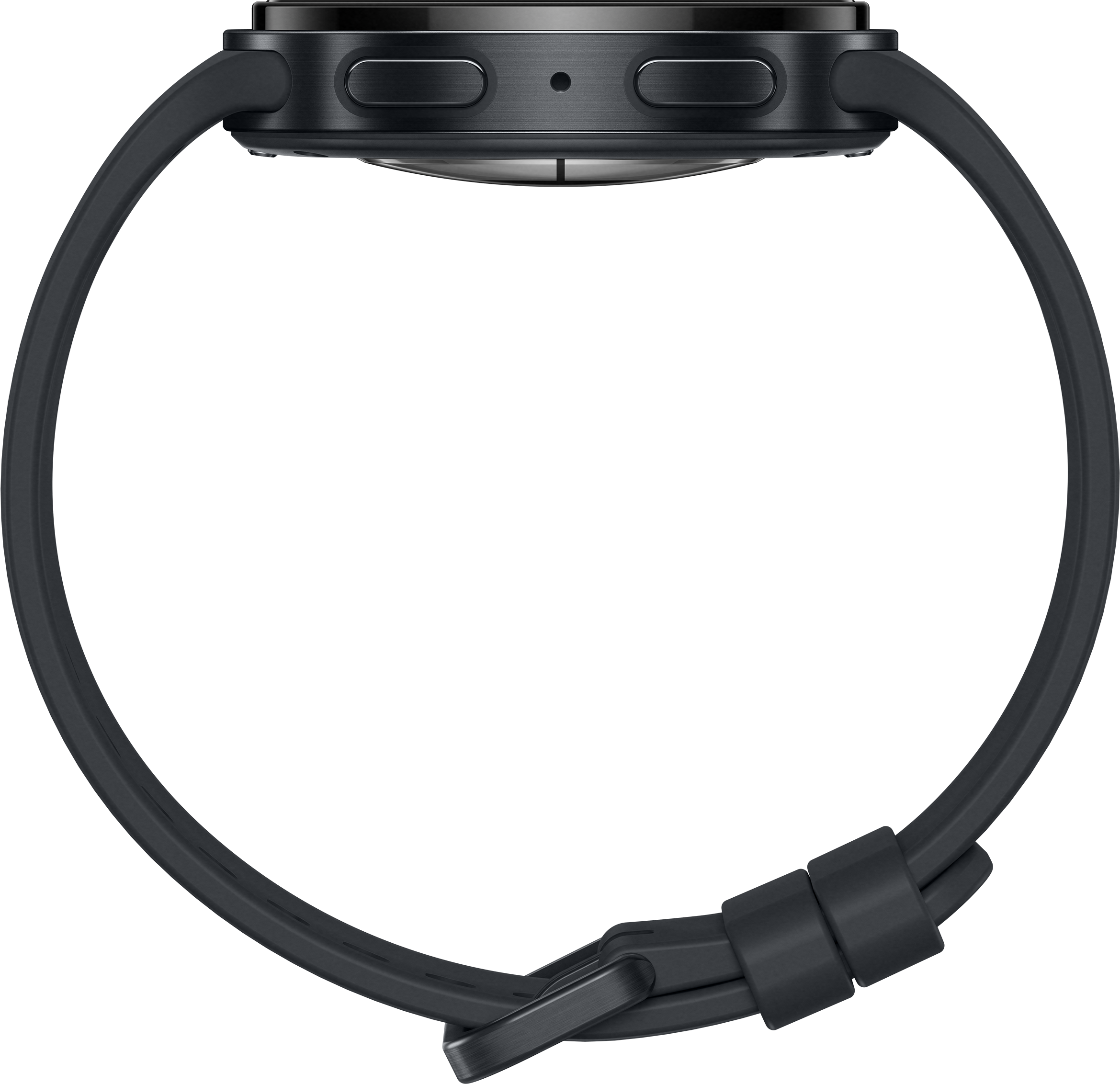Une montre connectée foncée avec bracelet en silicone sur fond noir.